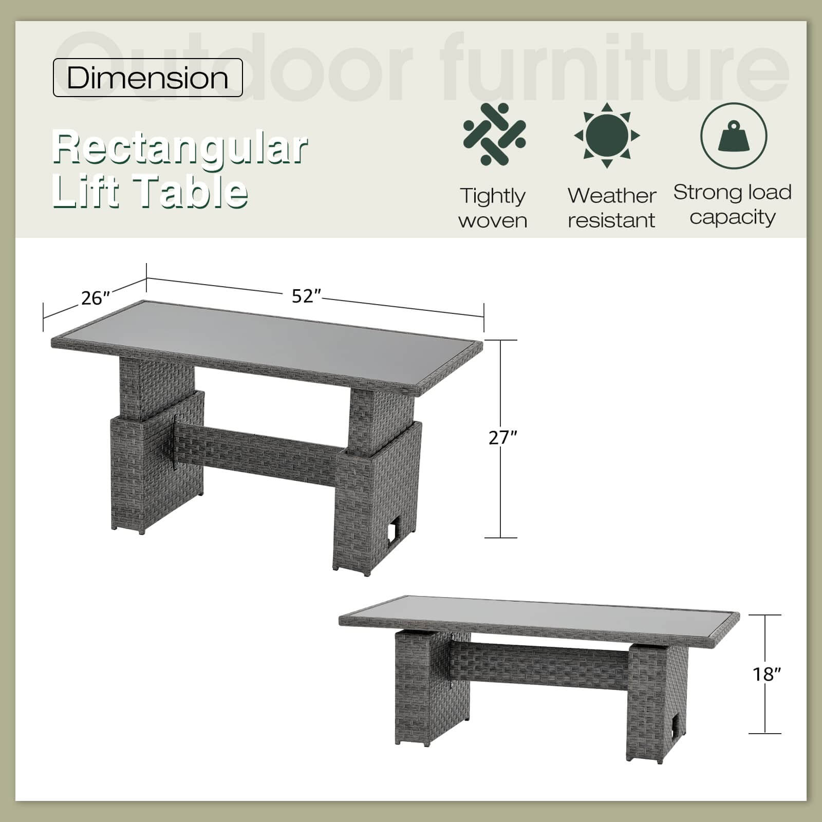 Outdoor Patio Lift Dining Table, Rectangle Patio Coffee Table with Glass Tabletop