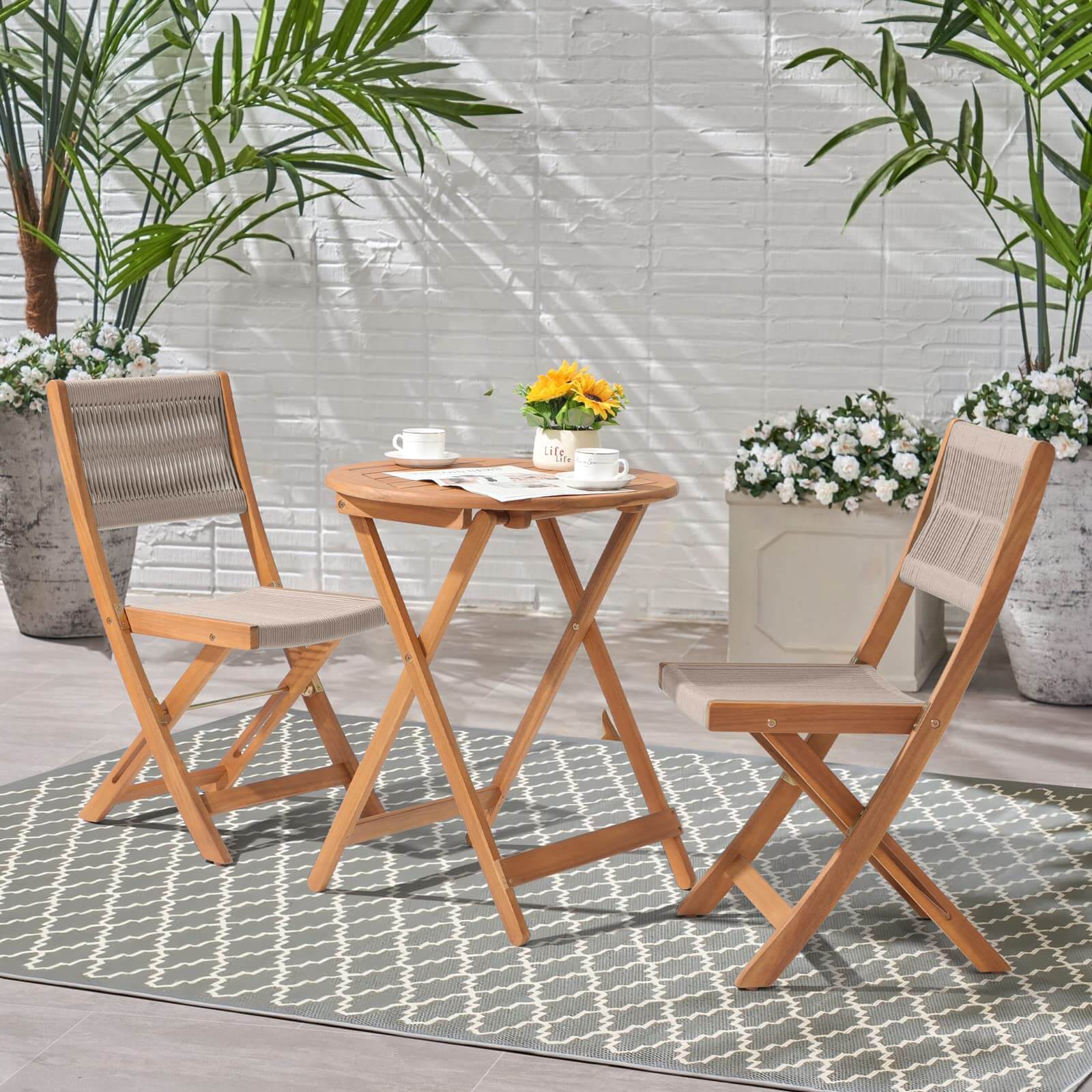 3 Piece Patio Bistro Set, Outdoor Compact Wood Table and Chairs Set of 2 