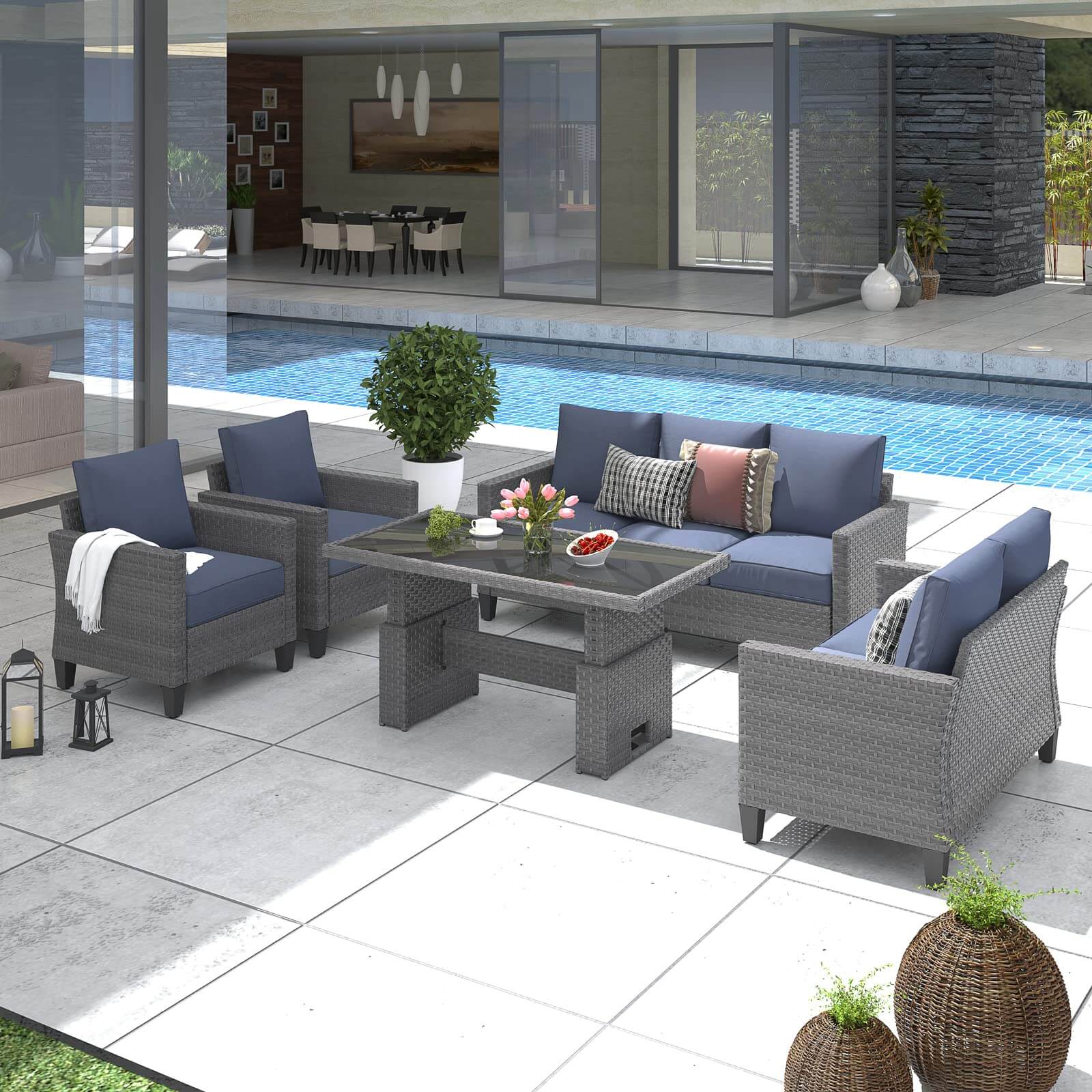 Outdoor Patio Furniture Set Wicker Conversation Set with Lift Coffee Table Sectional Dining Set