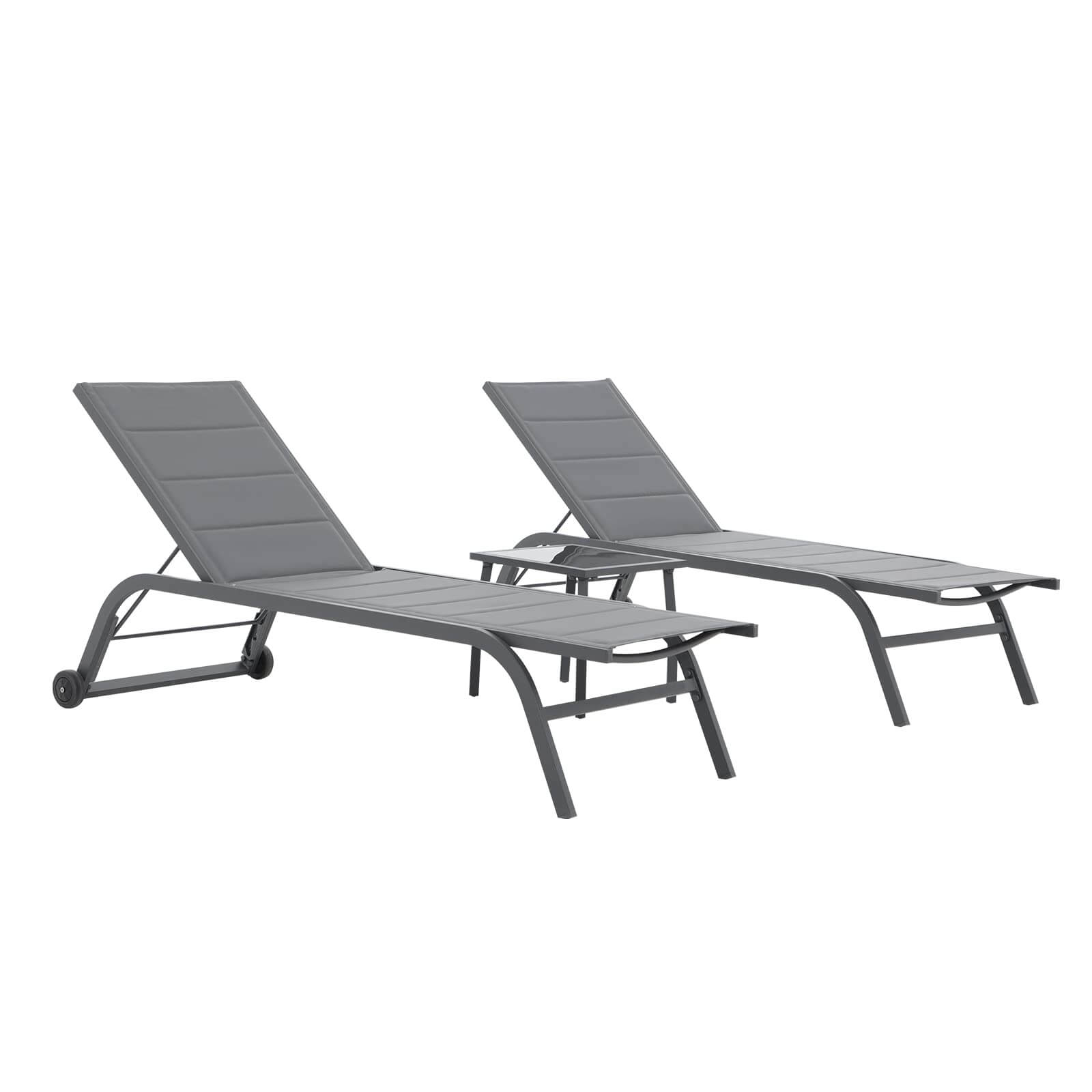 Outdoor Patio Chaise Lounge Chair Set of 3, Aluminum Textilene Padded Adjustable Recliner w Wheels, Side Table