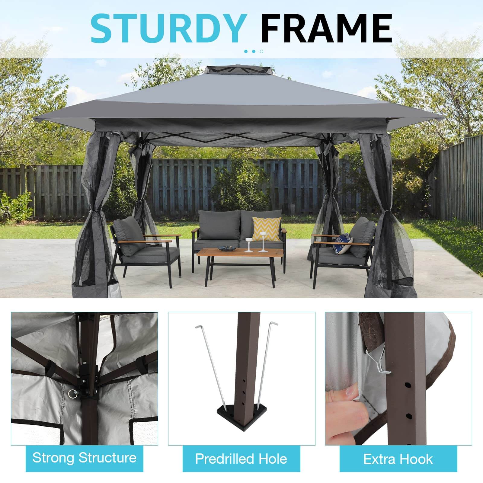 13’x13’ Pop Up Gazebo, Outdoor Canopy Tent Shade with Metal Frame Mosquito Netting
