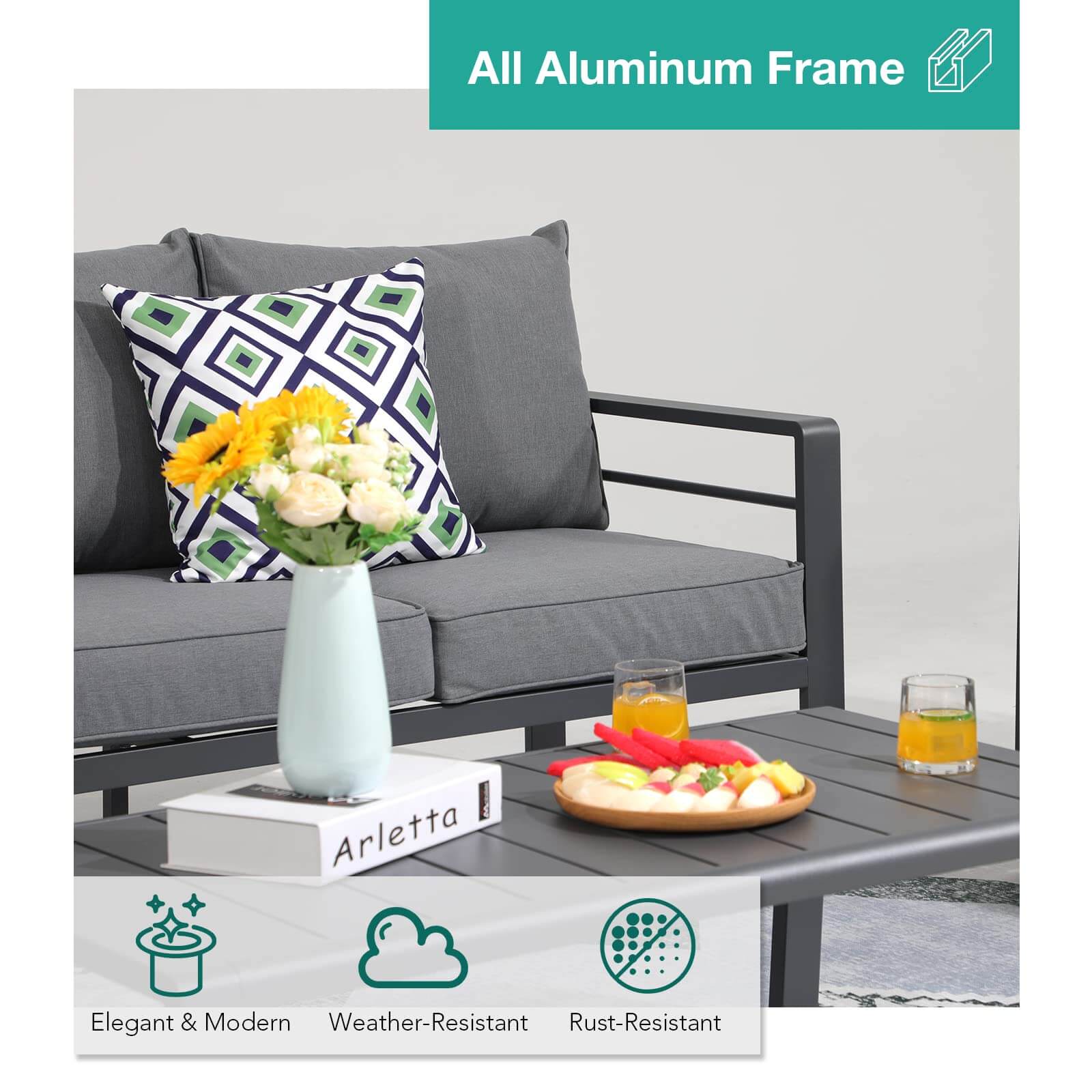 Aluminum Patio Furniture Set, 5 PCS Modern Patio Conversation Set, All Weather Outdoor Sectional Sofa Set