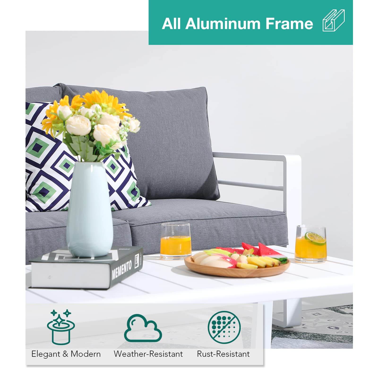 Aluminum Patio Furniture Set, 5 PCS Modern Patio Conversation Set, All Weather Outdoor Sectional Sofa Set