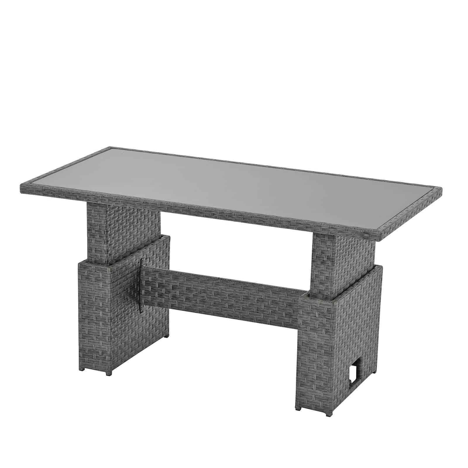 Outdoor Patio Lift Dining Table, Rectangle Patio Coffee Table with Glass Tabletop