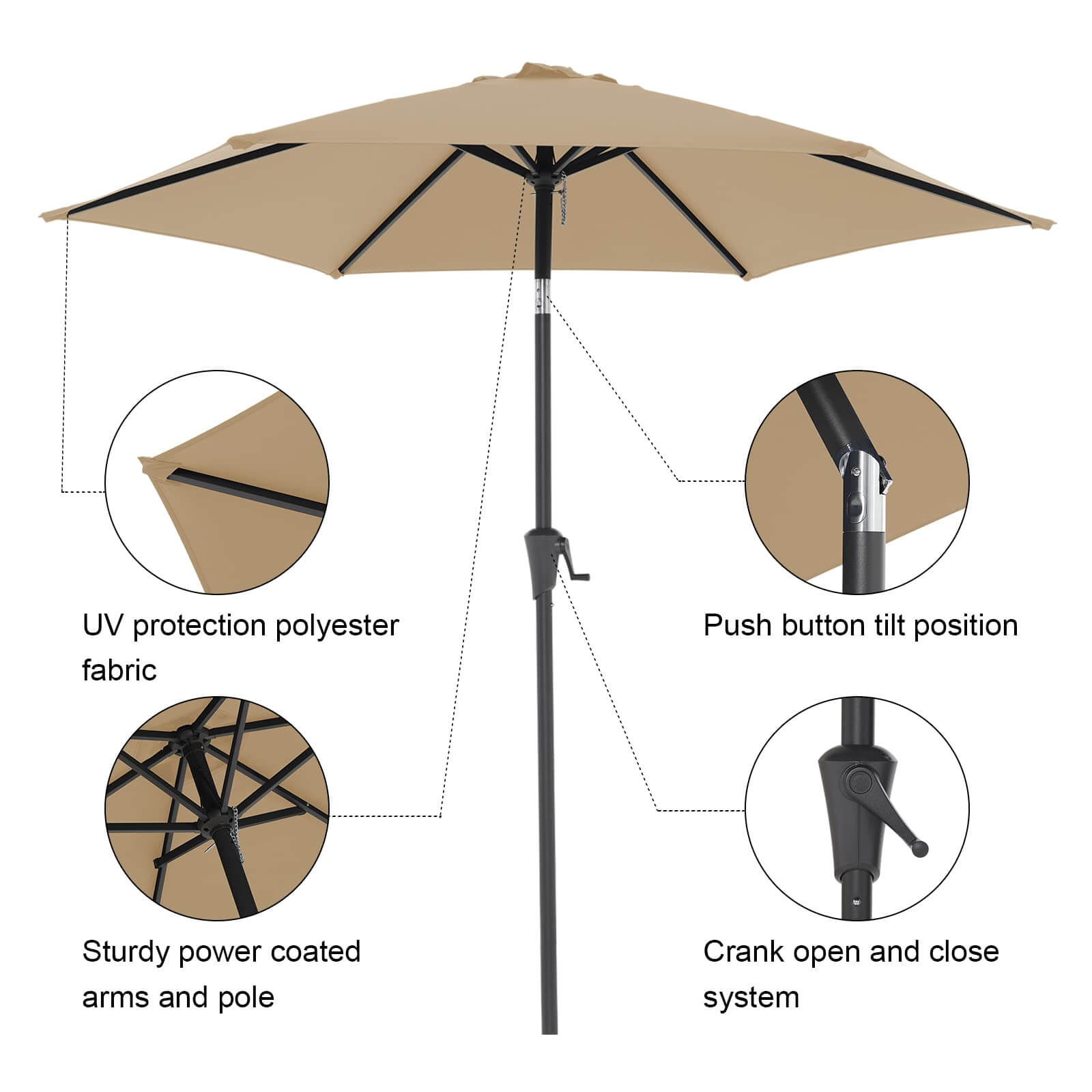 7.5 ft Patio Umbrella Outdoor Table Market Umbrella with Push Button Tilt and Crank, 6 Ribs, 8 colors