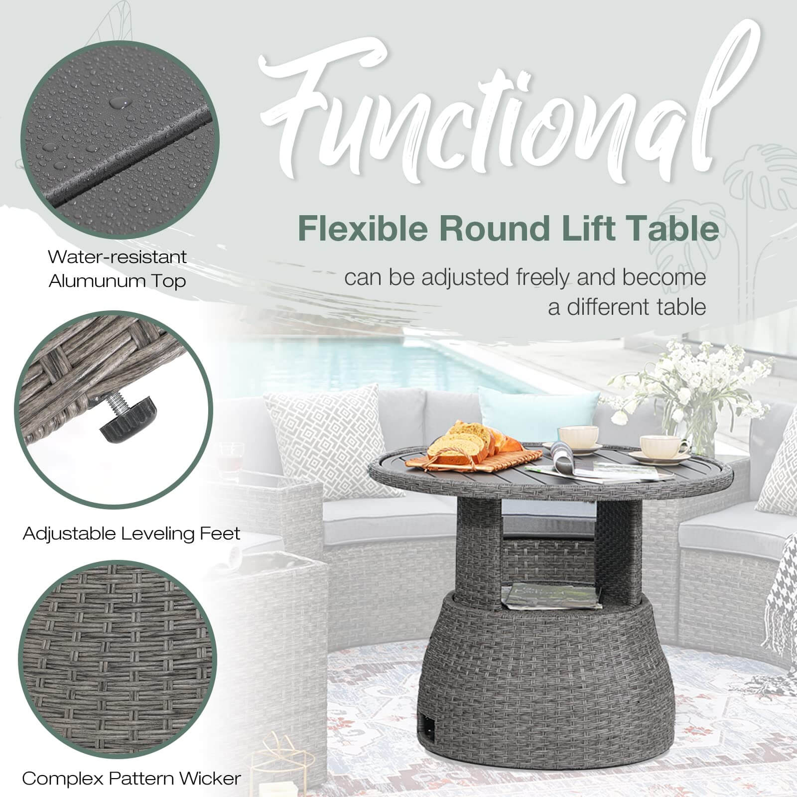 33in Wicker Outdoor Lift-Top Coffee Table Round Side Table 33in Wicker Outdoor Lift-Top Coffee Table Round Side Table