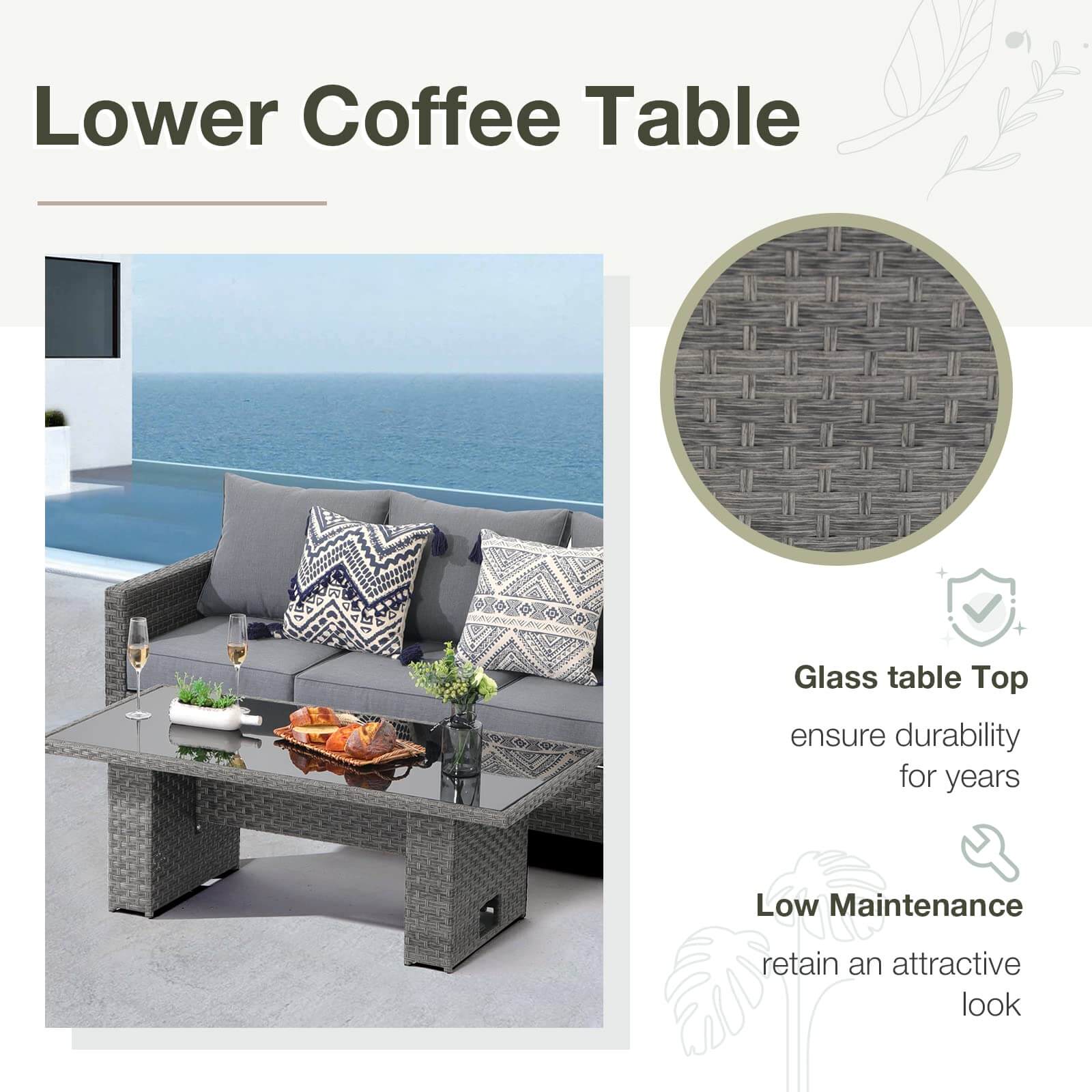 Outdoor Patio Lift Dining Table, Rectangle Patio Coffee Table with Glass Tabletop