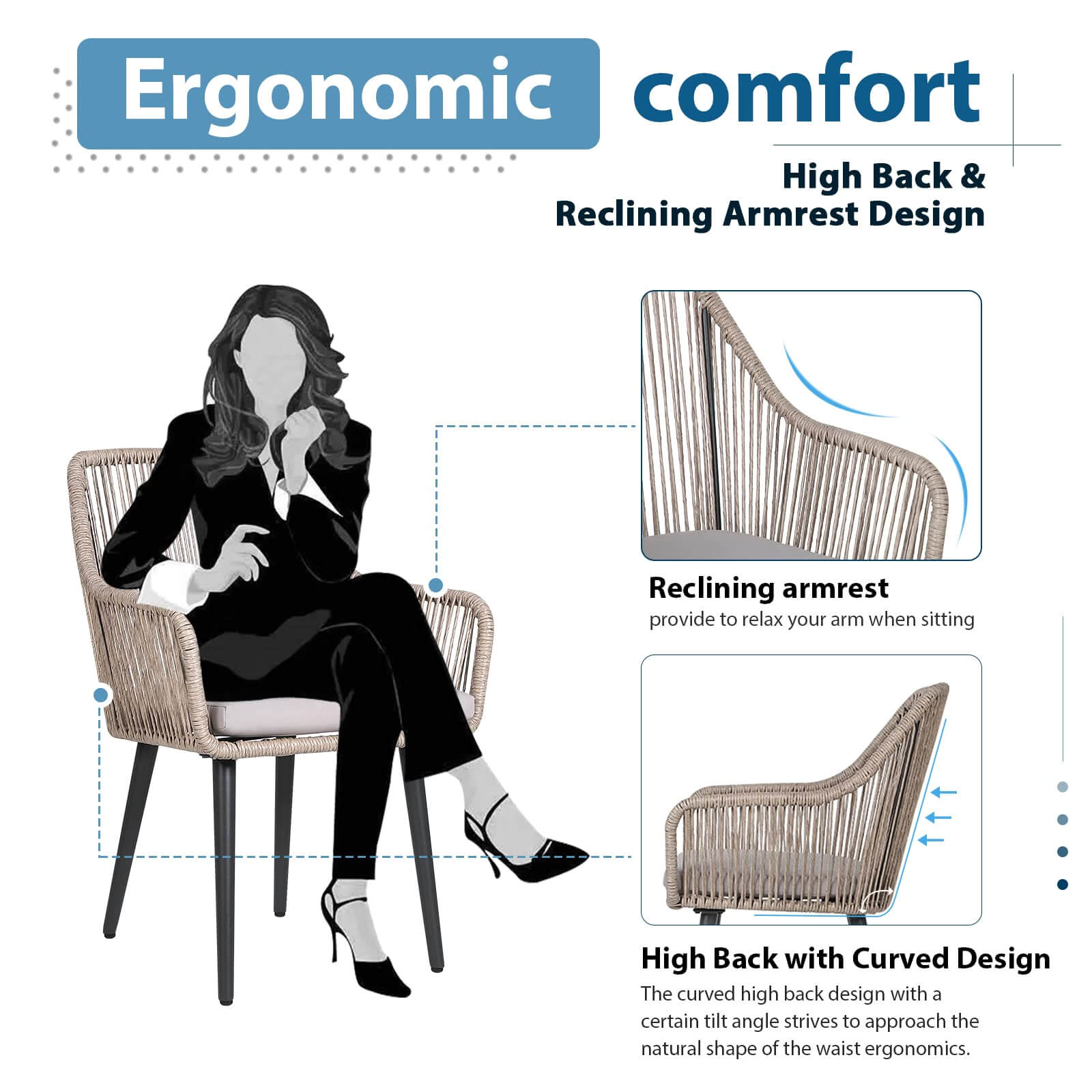 Outdoor Dining Chairs, All-Weather Woven Rope Rattan Wicker Chairs, Patio Dining Chair Set