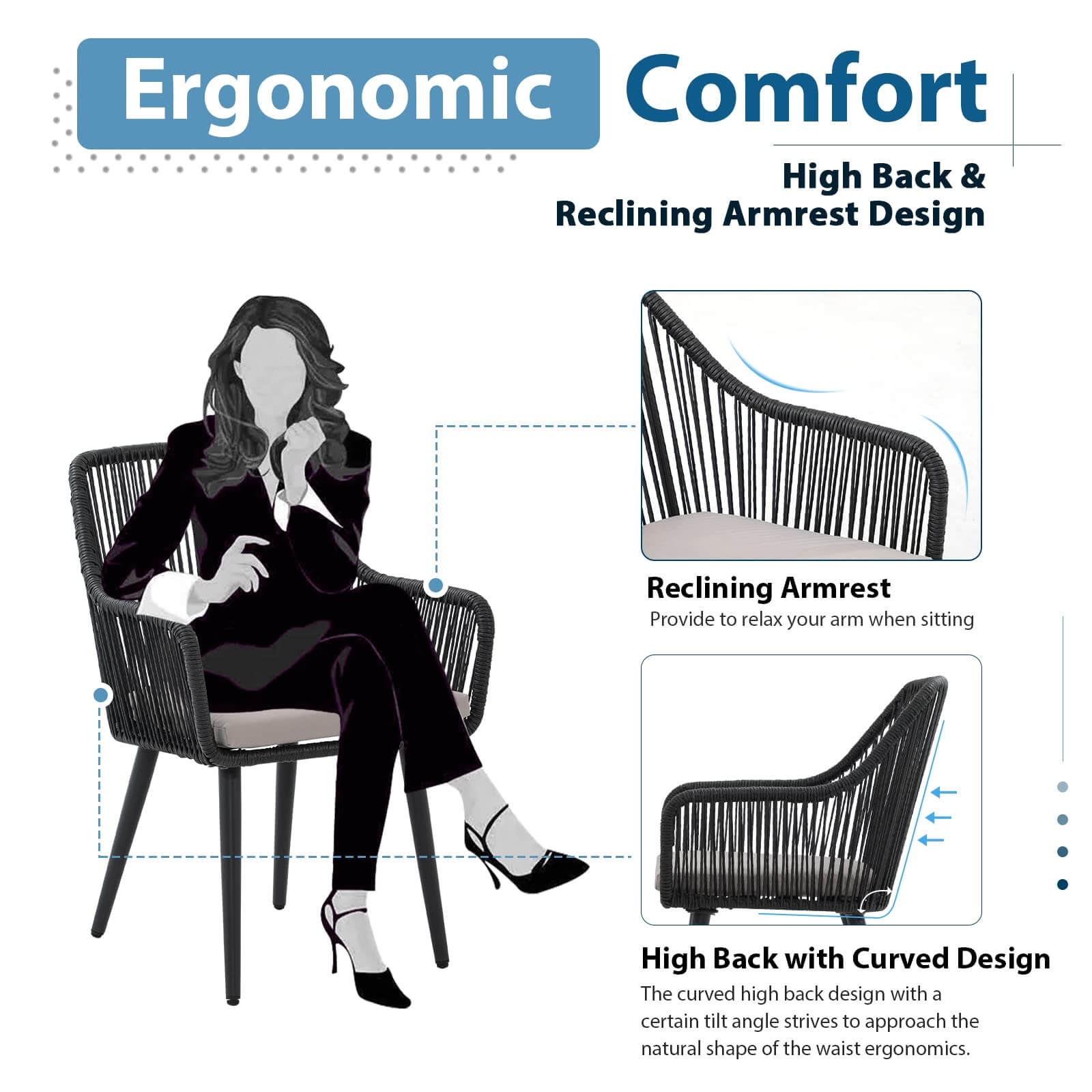 Outdoor Dining Chairs, All-Weather Woven Rope Rattan Wicker Chairs, Patio Dining Chair Set