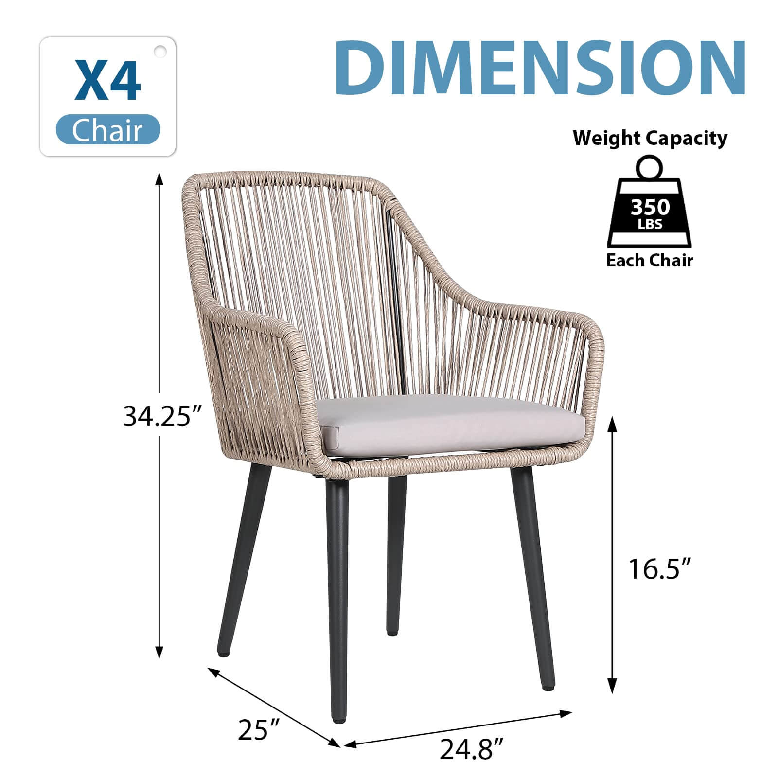 Outdoor Dining Chairs, All-Weather Woven Rope Rattan Wicker Chairs, Patio Dining Chair Set