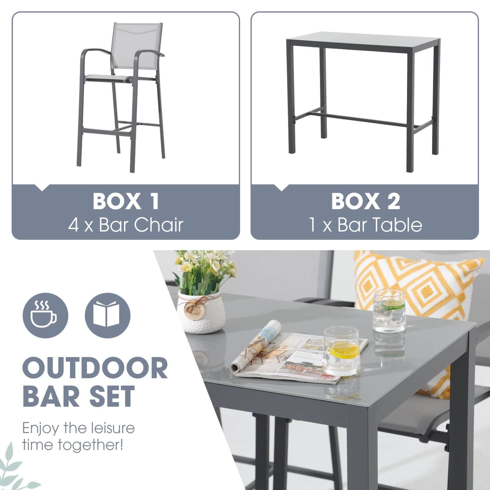 5Piece Aluminum Patio Bar Set, Outdoor Bar Height Table and Chairs