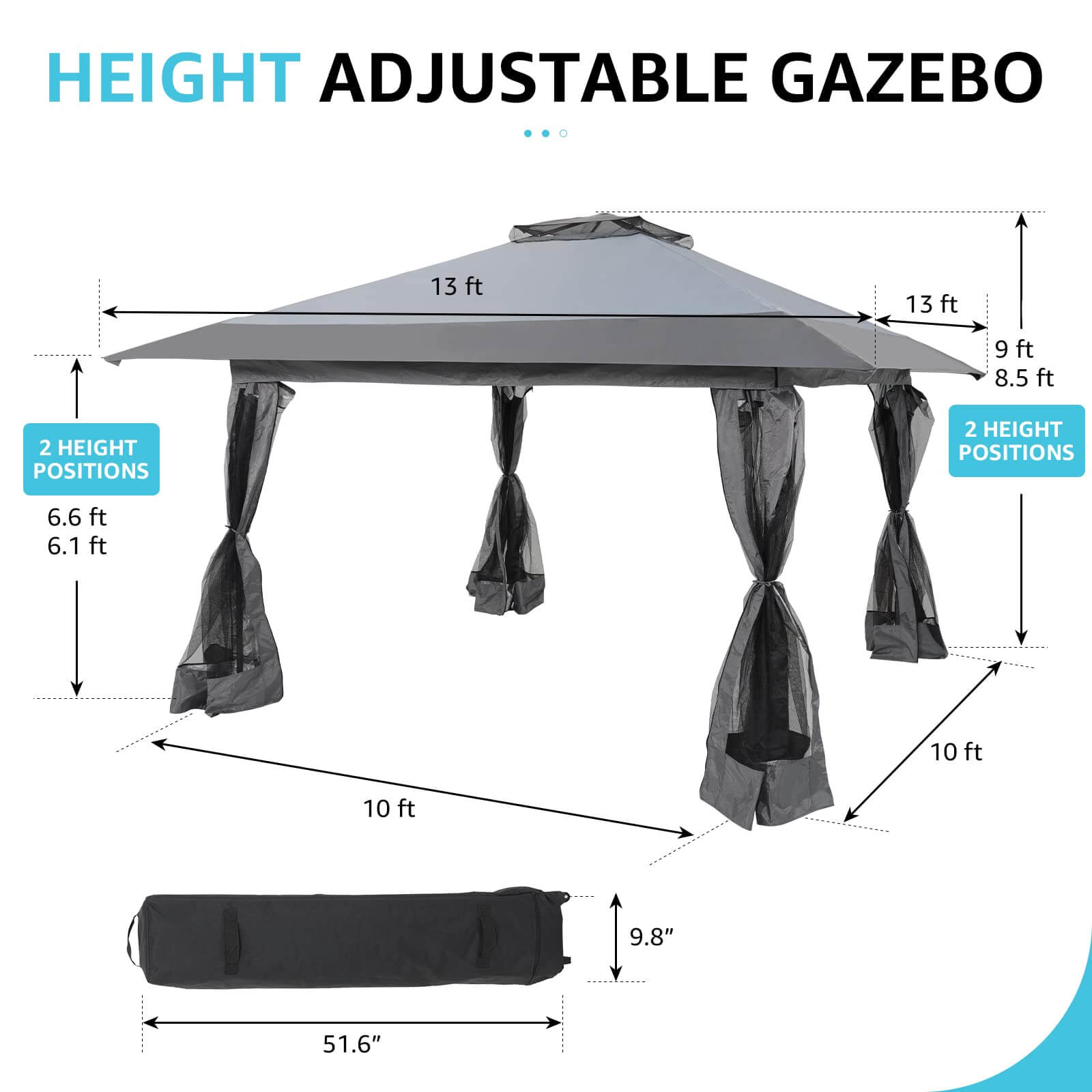 13’x13’ Pop Up Gazebo, Outdoor Canopy Tent Shade with Metal Frame Mosquito Netting