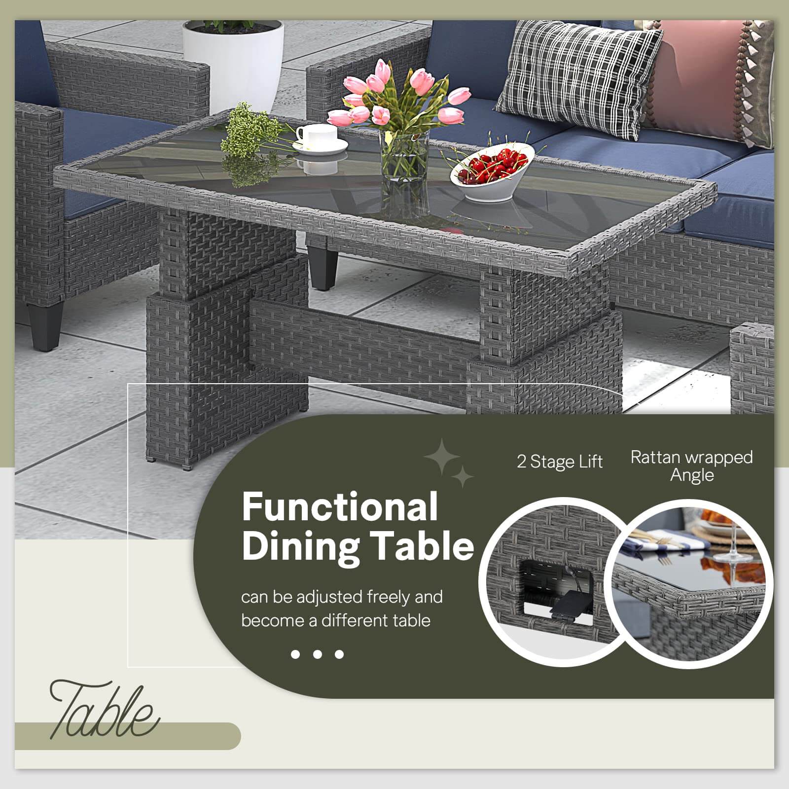 Outdoor Patio Lift Dining Table, Rectangle Patio Coffee Table with Glass Tabletop