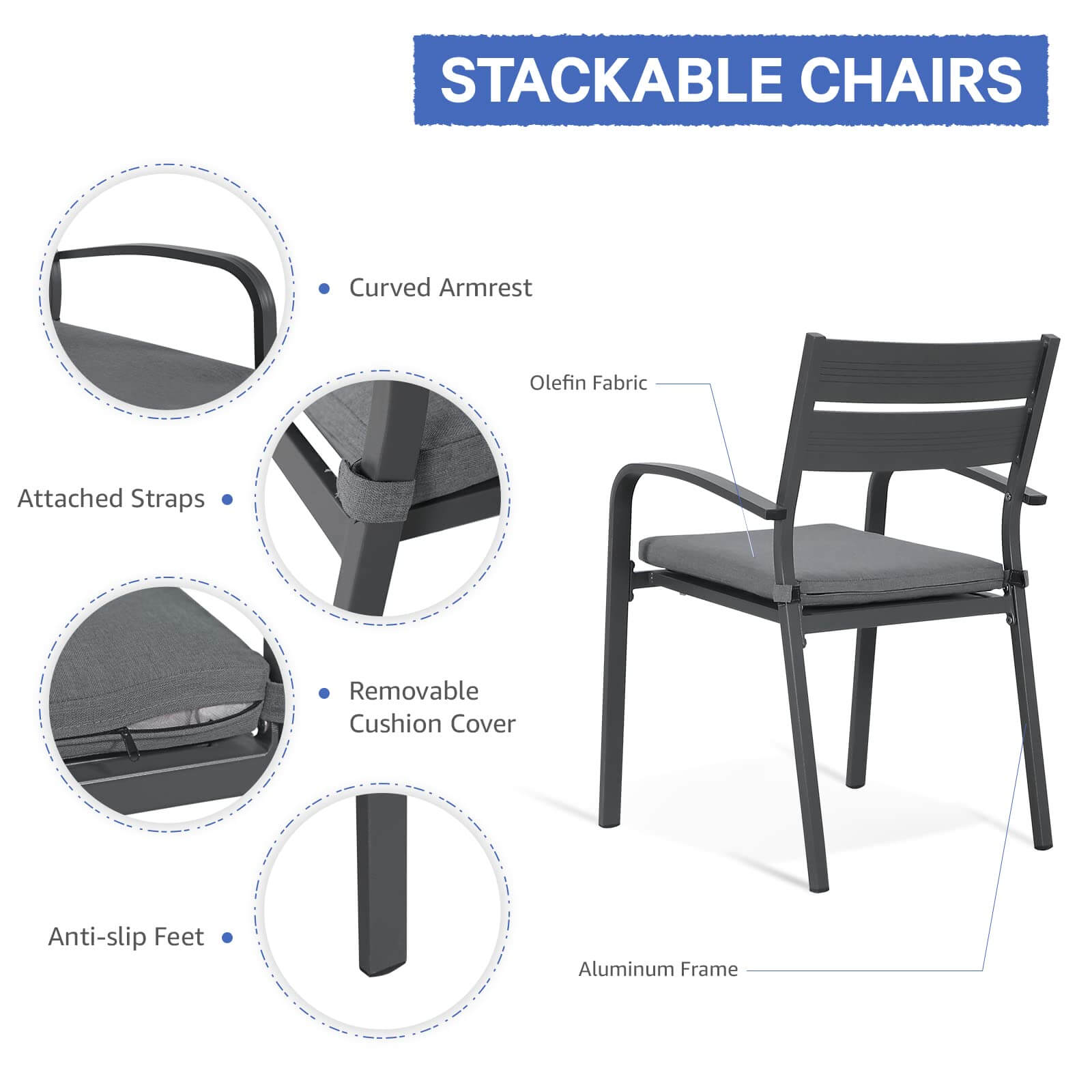 7pcs Patio Dining Set, Aluminum Outdoor Chairs and Table, White & Dark Grey