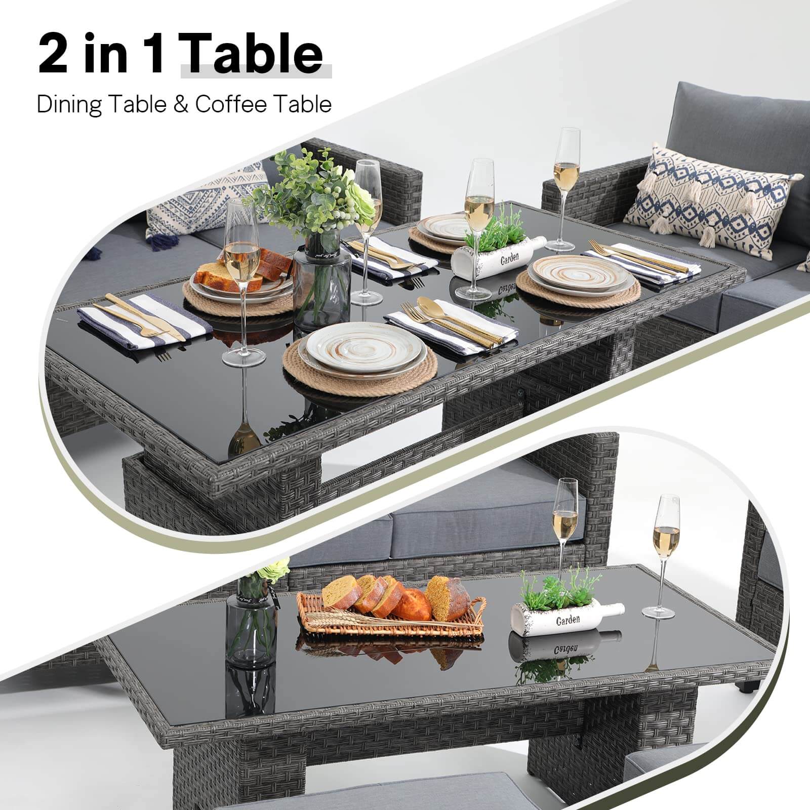 Outdoor Patio Furniture Set Wicker Conversation Set with Lift Coffee Table Sectional Dining Set