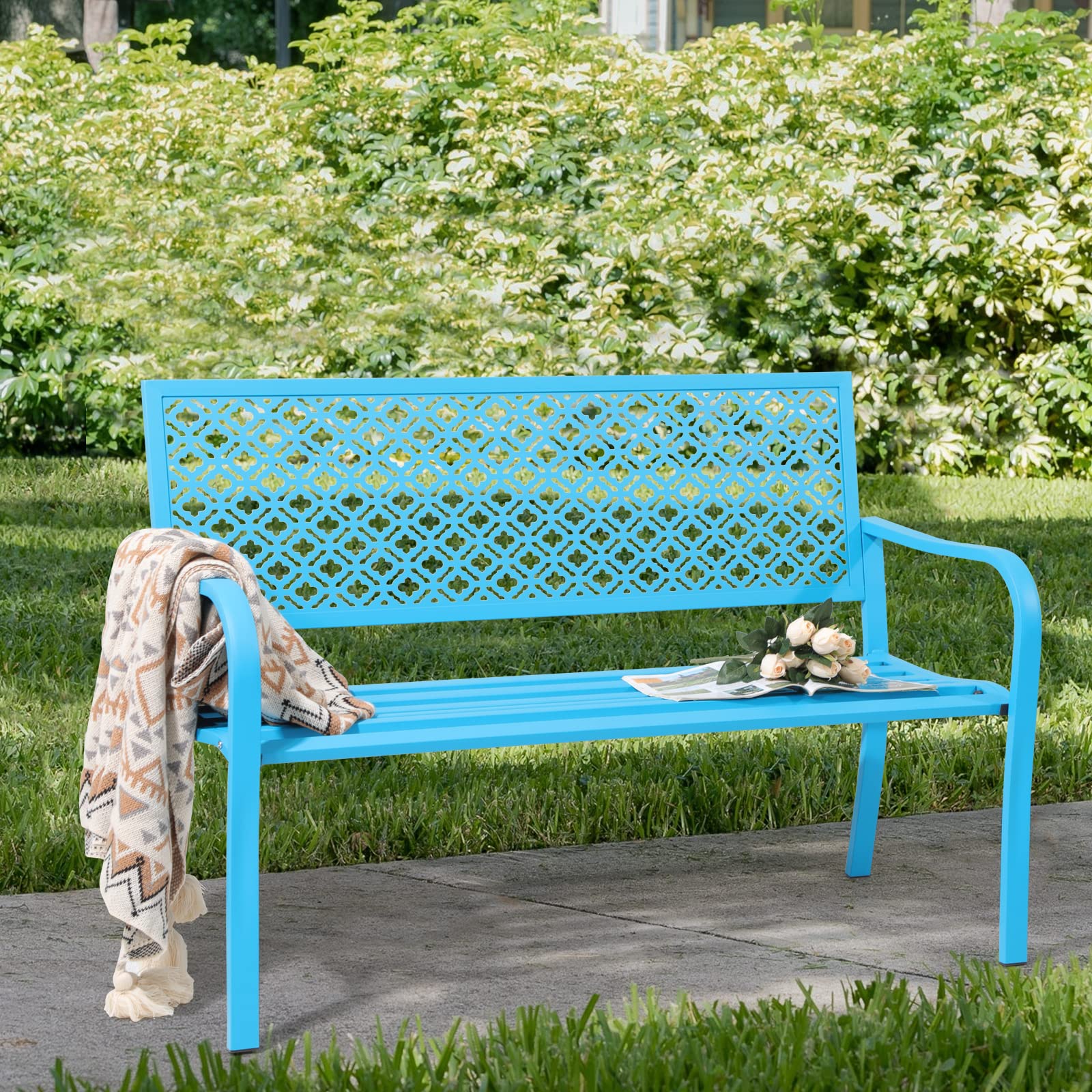 Aluminum Outdoor Garden Bench Patio Porch Chair Furniture, Blue&Black
