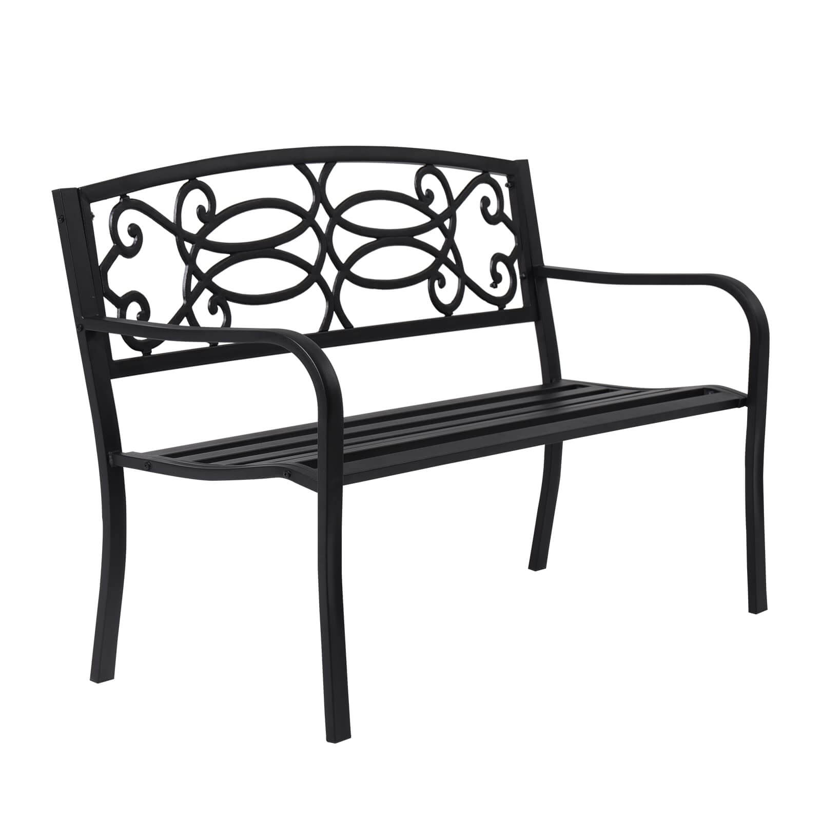 Outdoor Garden Bench with Slatted Seat & Steel Metal Frame, Patio Seating for Porch, Outside, Park