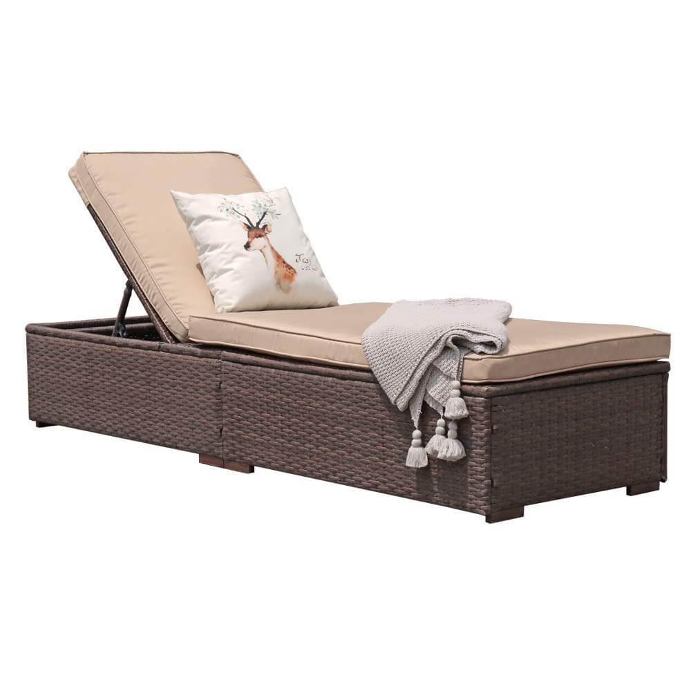 1pcs Outdoor Patio Chaise Lounge Chair, Elegant Reclining Adjustable Pool Rattan Chaise Lounge Chair with Cushion