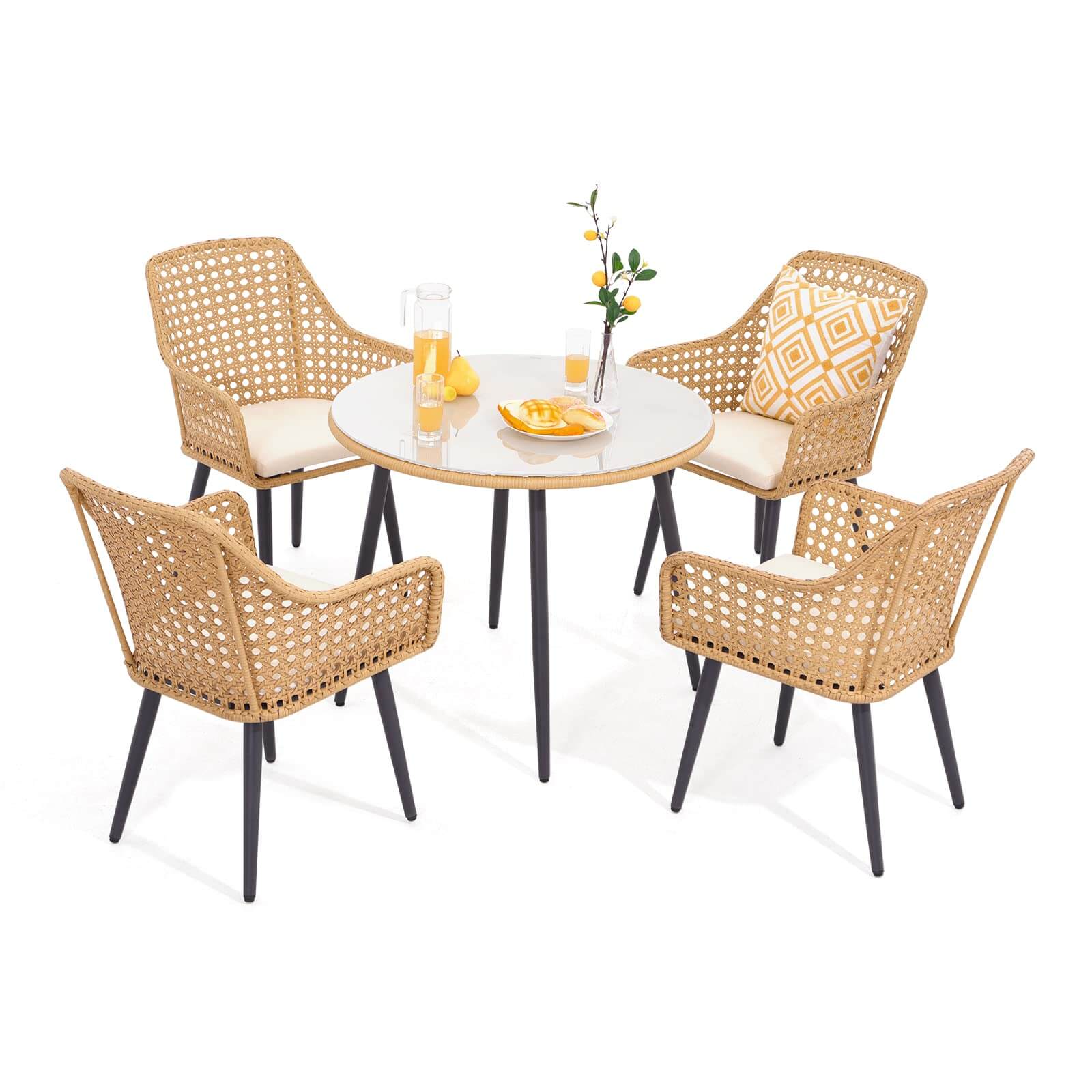  5 Pieces Outdoor Dining Set, All-Weather Wicker Patio Dining Table and Chairs