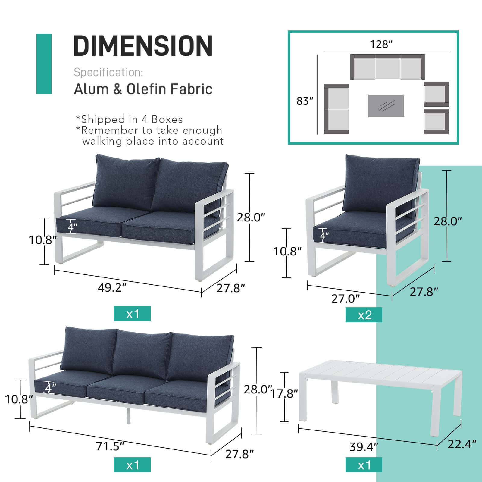 Aluminum Patio Furniture Set, 5 PCS Modern Patio Conversation Set, All Weather Outdoor Sectional Sofa Set
