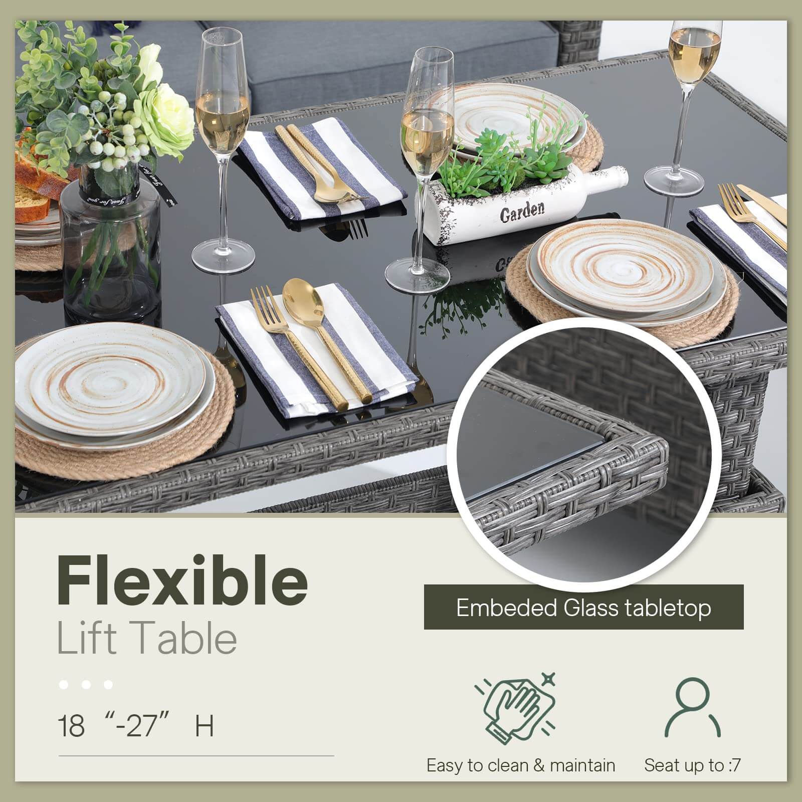 Outdoor Patio Lift Dining Table, Rectangle Patio Coffee Table with Glass Tabletop