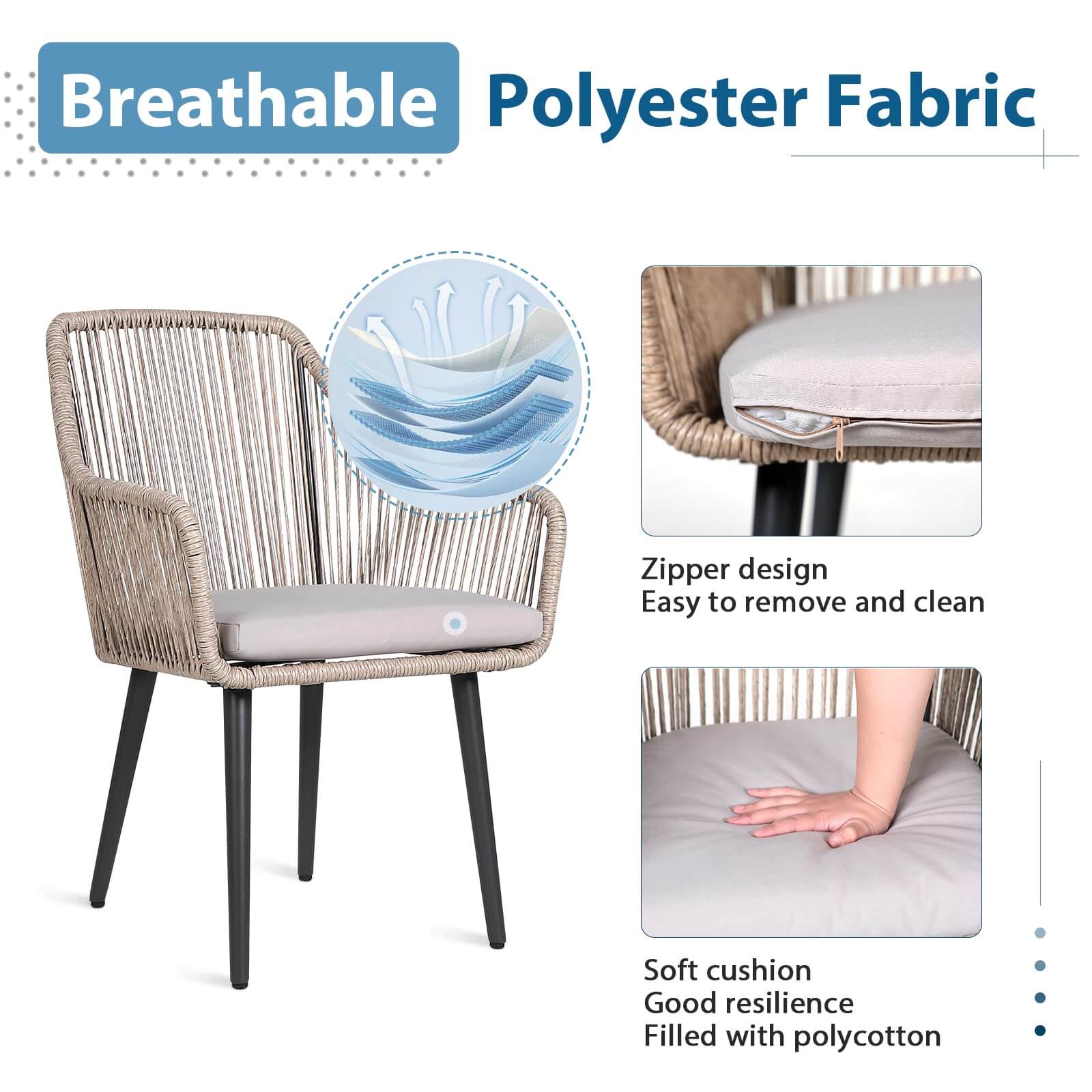 Outdoor Dining Chairs, All-Weather Woven Rope Rattan Wicker Chairs, Patio Dining Chair Set