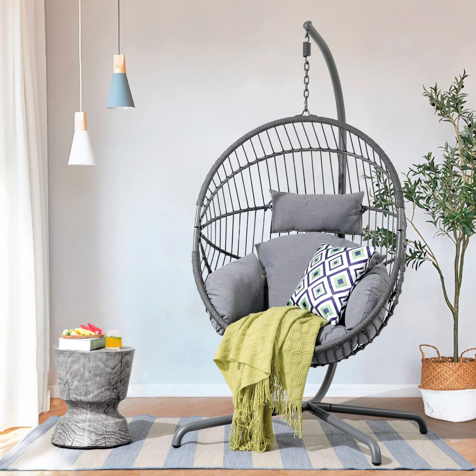 Hanging Chair with Stand Dark Grey Steel Outdoor Hanging Chair, Oval Shape