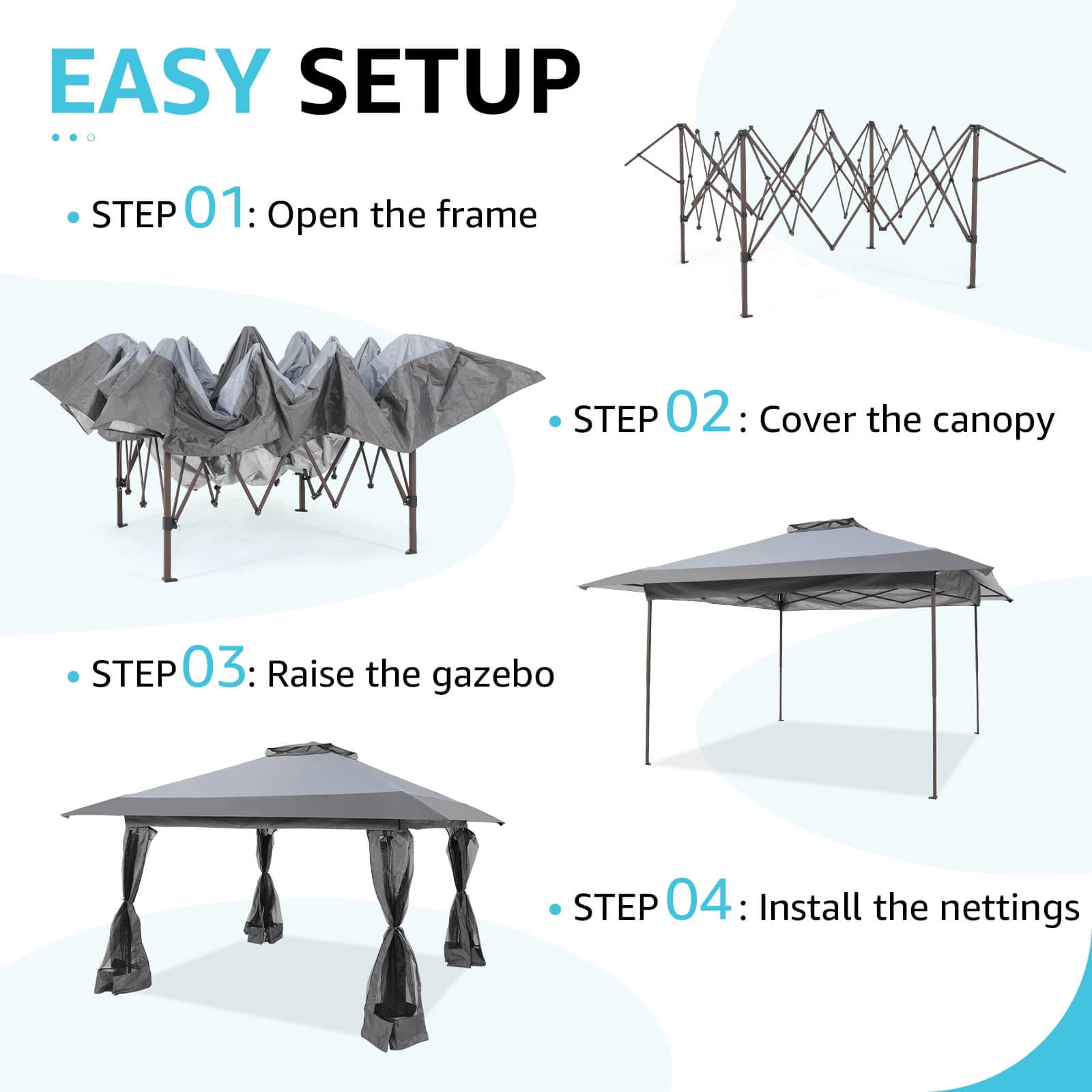13’x13’ Pop Up Gazebo, Outdoor Canopy Tent Shade with Metal Frame Mosquito Netting