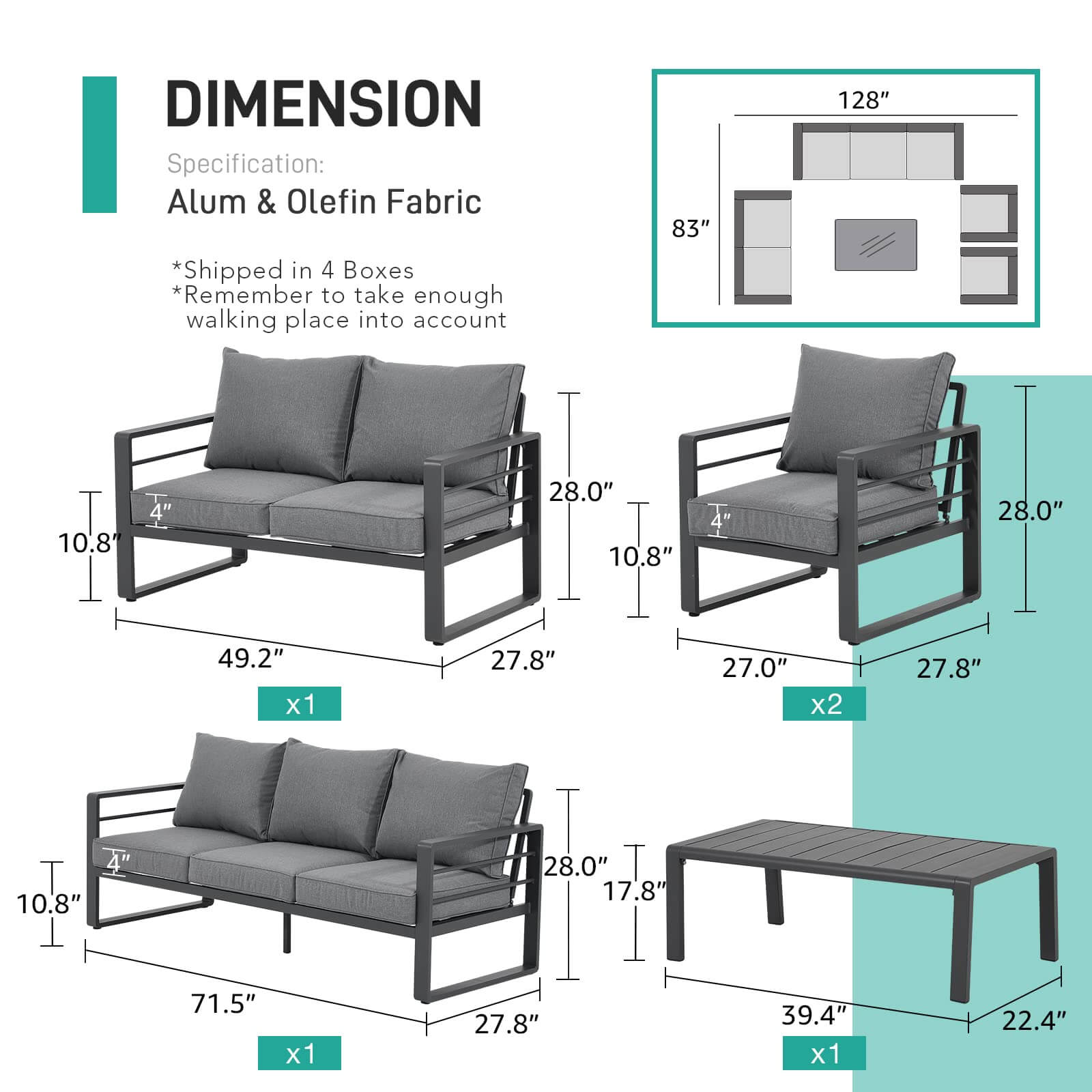Aluminum Patio Furniture Set, 5 PCS Modern Patio Conversation Set, All Weather Outdoor Sectional Sofa Set