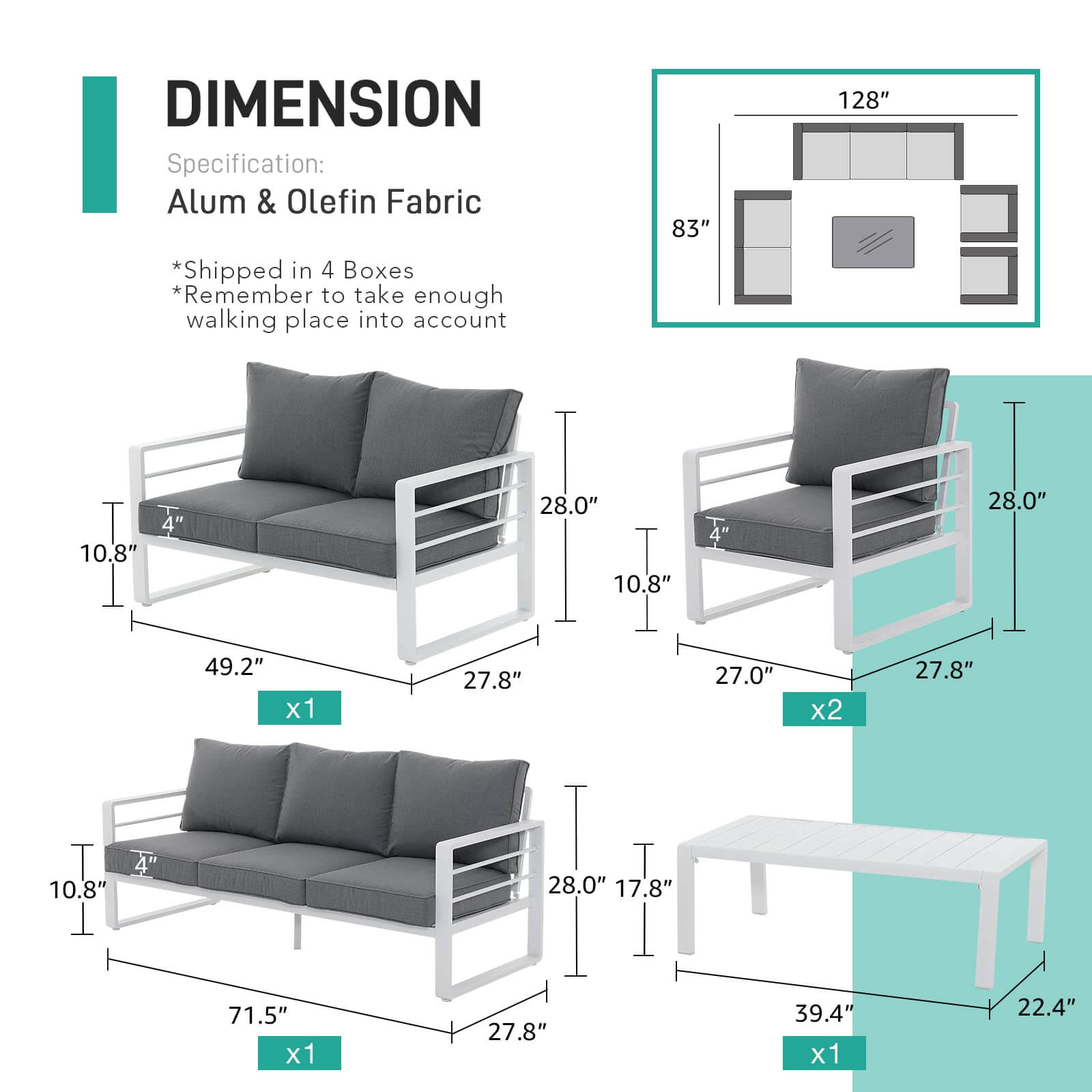 Aluminum Patio Furniture Set, 5 PCS Modern Patio Conversation Set, All Weather Outdoor Sectional Sofa Set