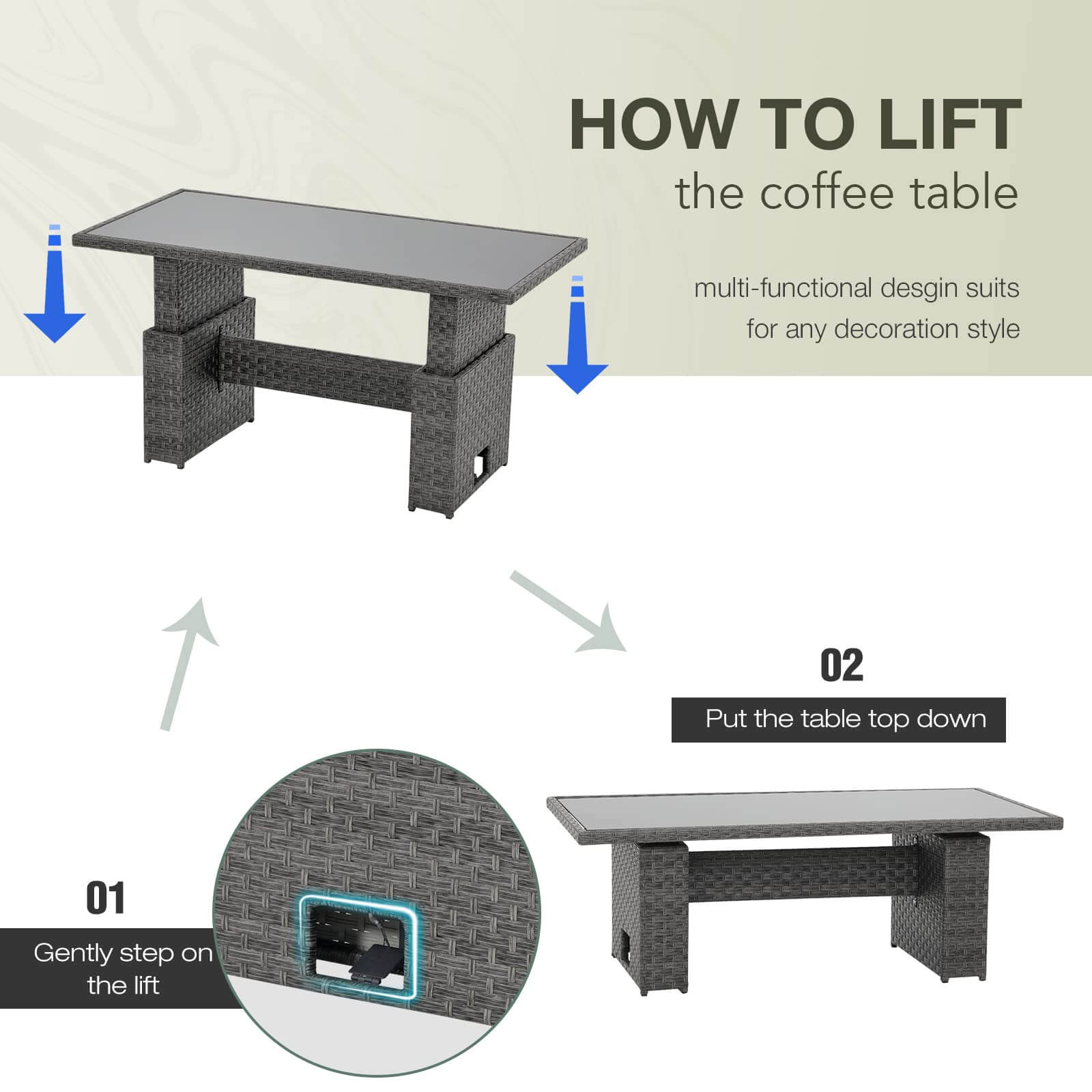 Outdoor Patio Lift Dining Table, Rectangle Patio Coffee Table with Glass Tabletop