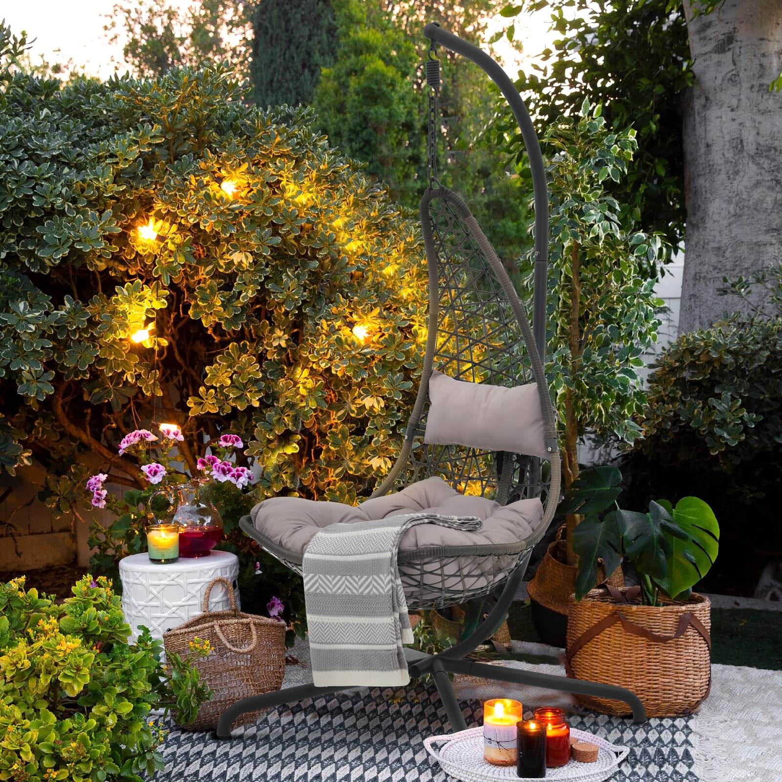 Outdoor Indoor Swing Egg Chair Wicker Hammock Hanging Chair Patio Lounge Chair with Stand and Cushions