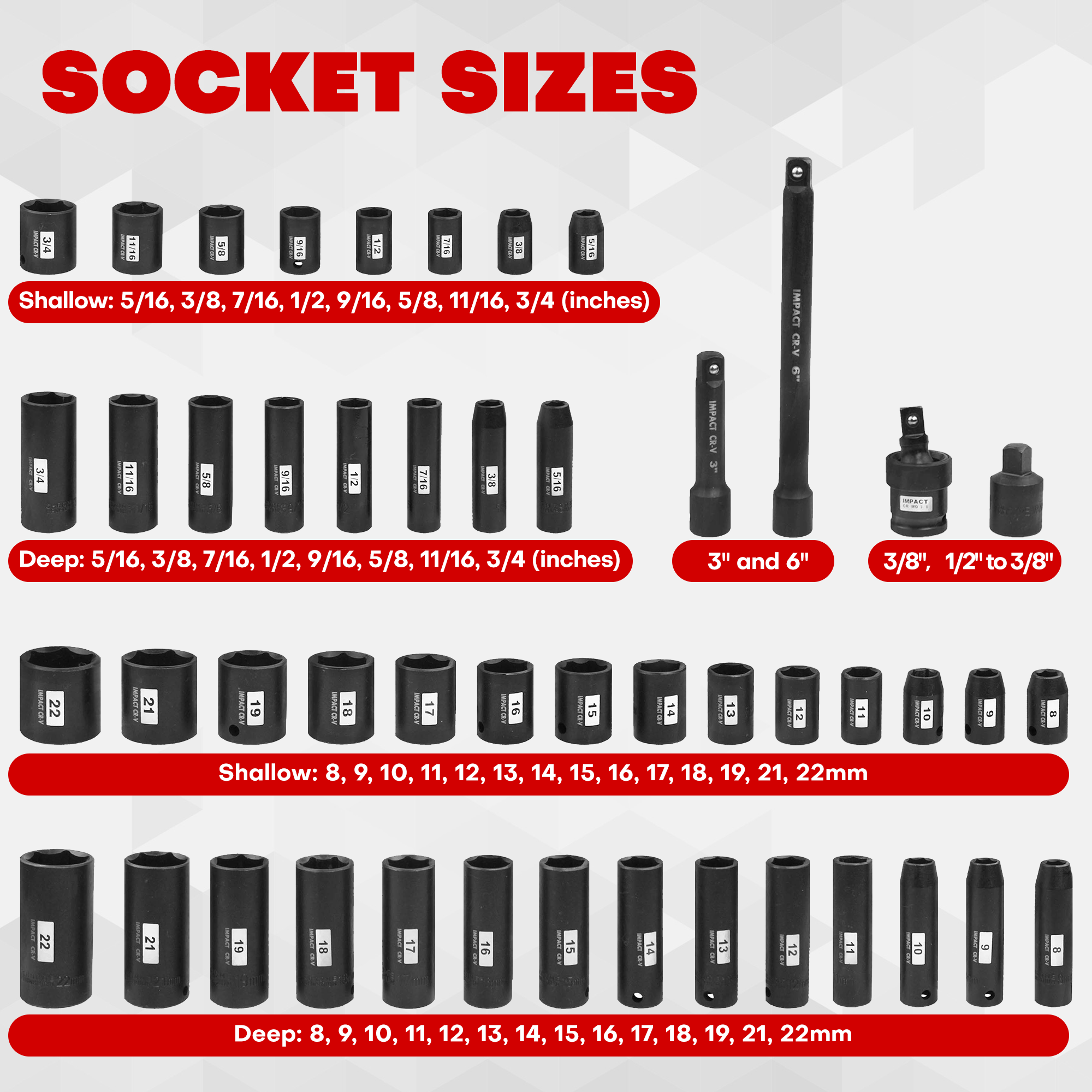 48 Pcs 3/8” Impact Socket Set
