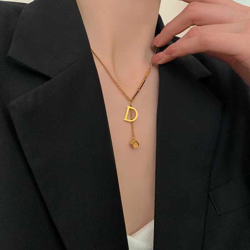 Letter D With Brick Shape Pendant Asymmetric Necklace