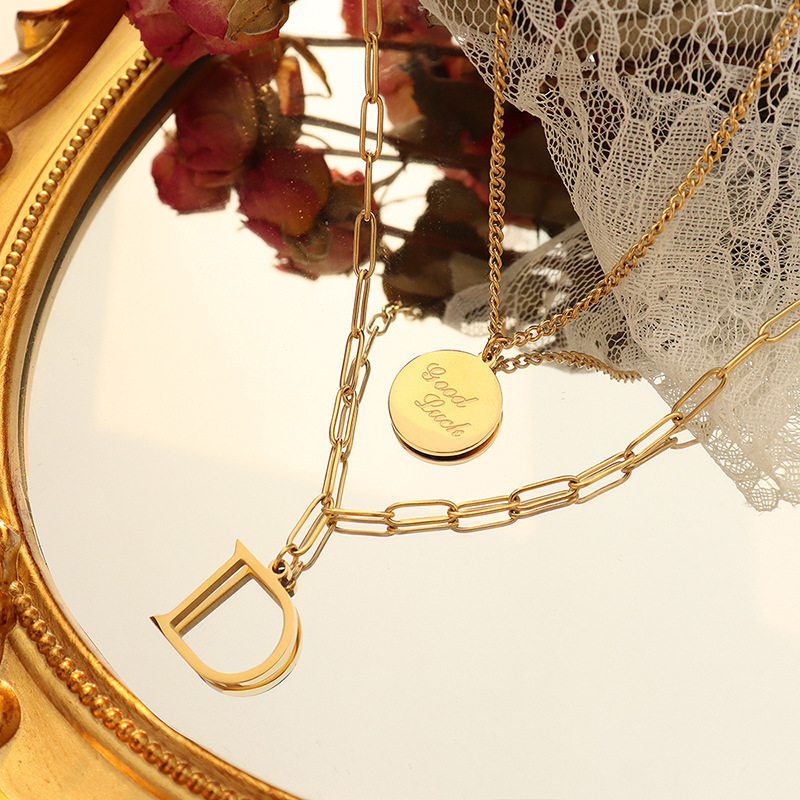Double Layer Round Plate & Letter D Pendant Necklace Set