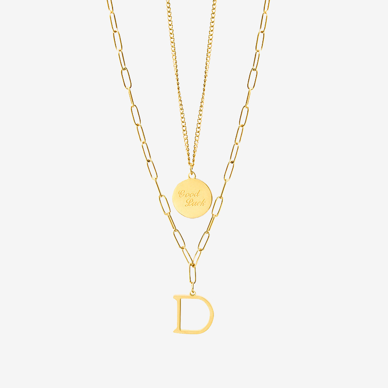 Double Layer Round Plate & Letter D Pendant Necklace Set