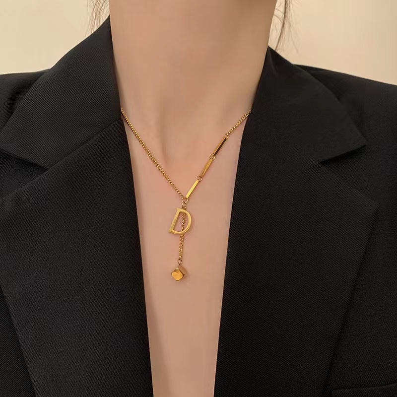 Letter D With Brick Shape Pendant Asymmetric Necklace