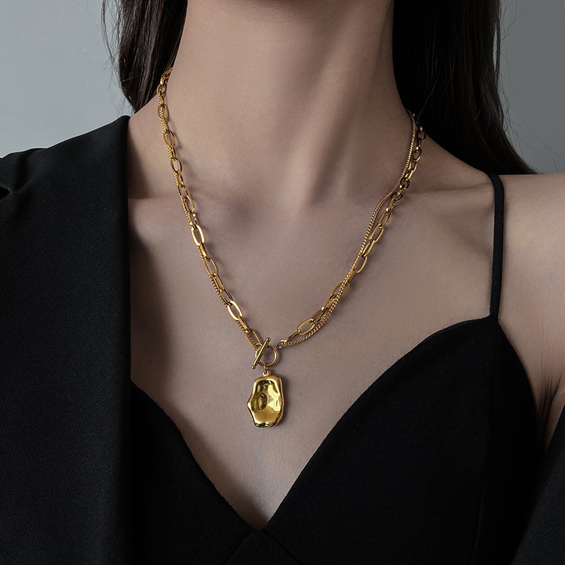 Double Layer Chain OT Buckle Irregular Shape Pendant Necklace