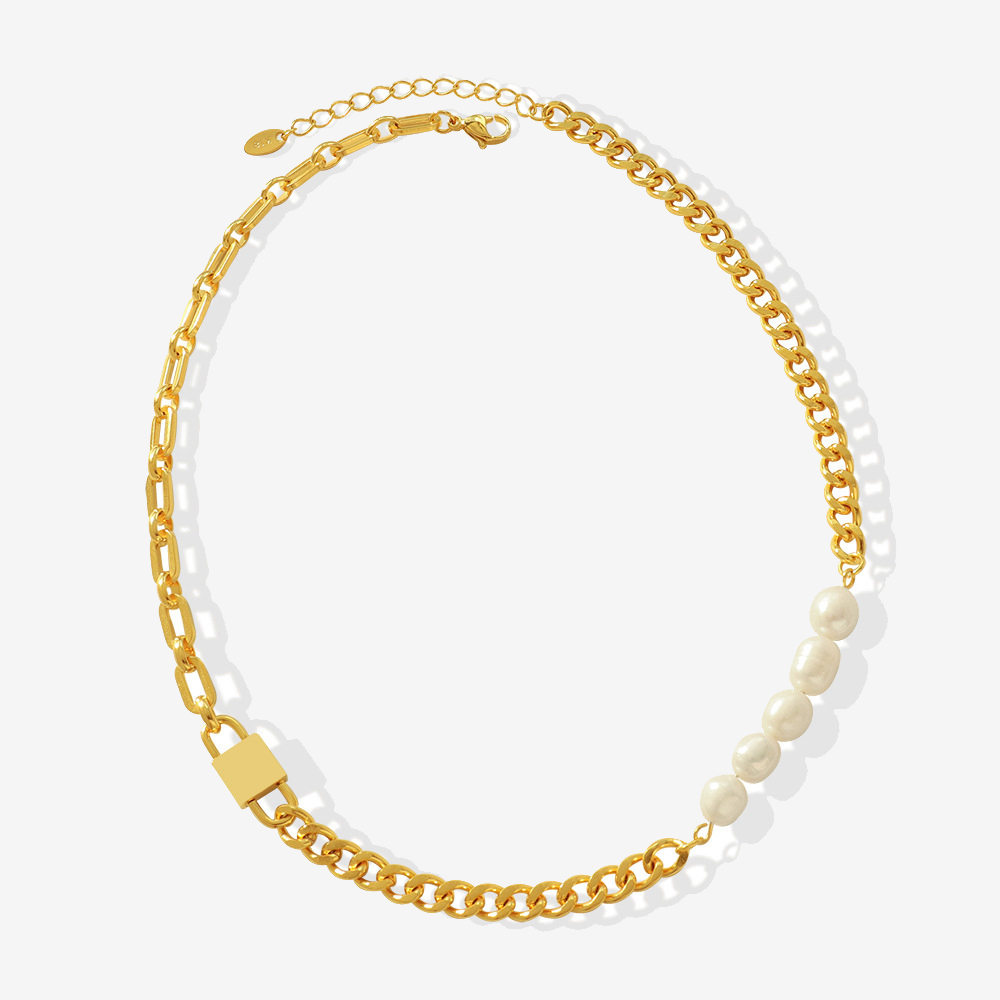 Baroco Style Chunky Chain Splicing Locker Head & Pearl Necklace