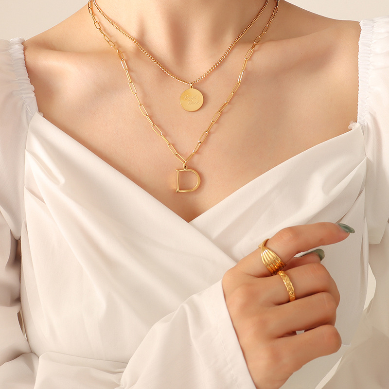 Double Layer Round Plate & Letter D Pendant Necklace Set
