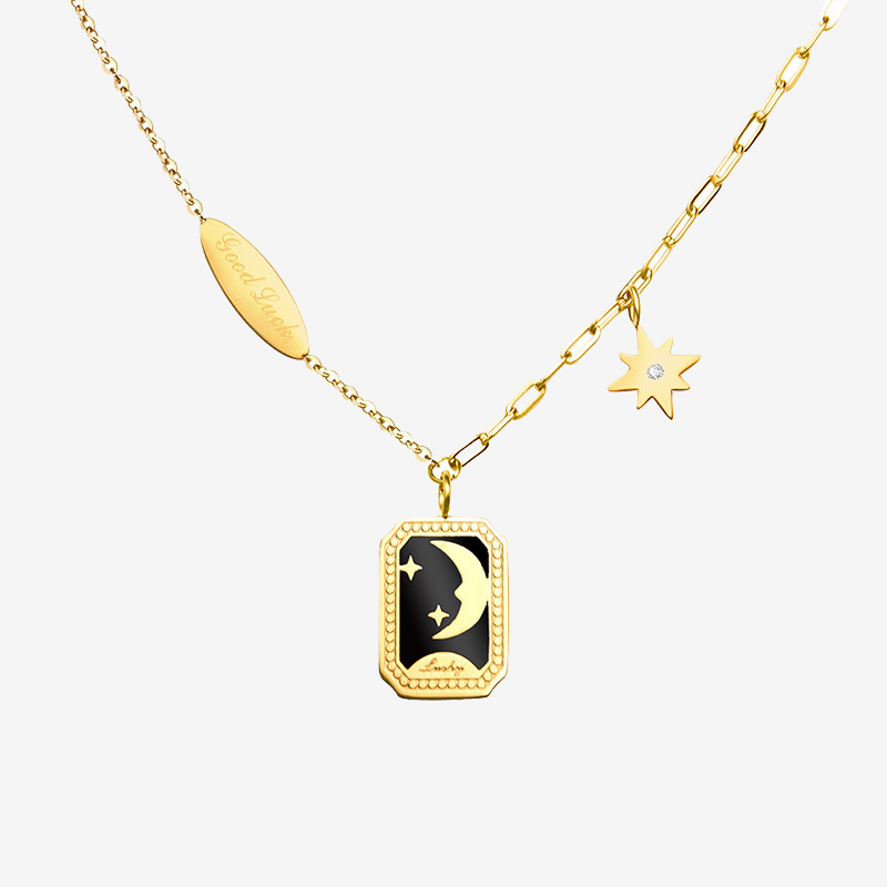 Stars & Moon Square Plate Lucky Pendant Necklace