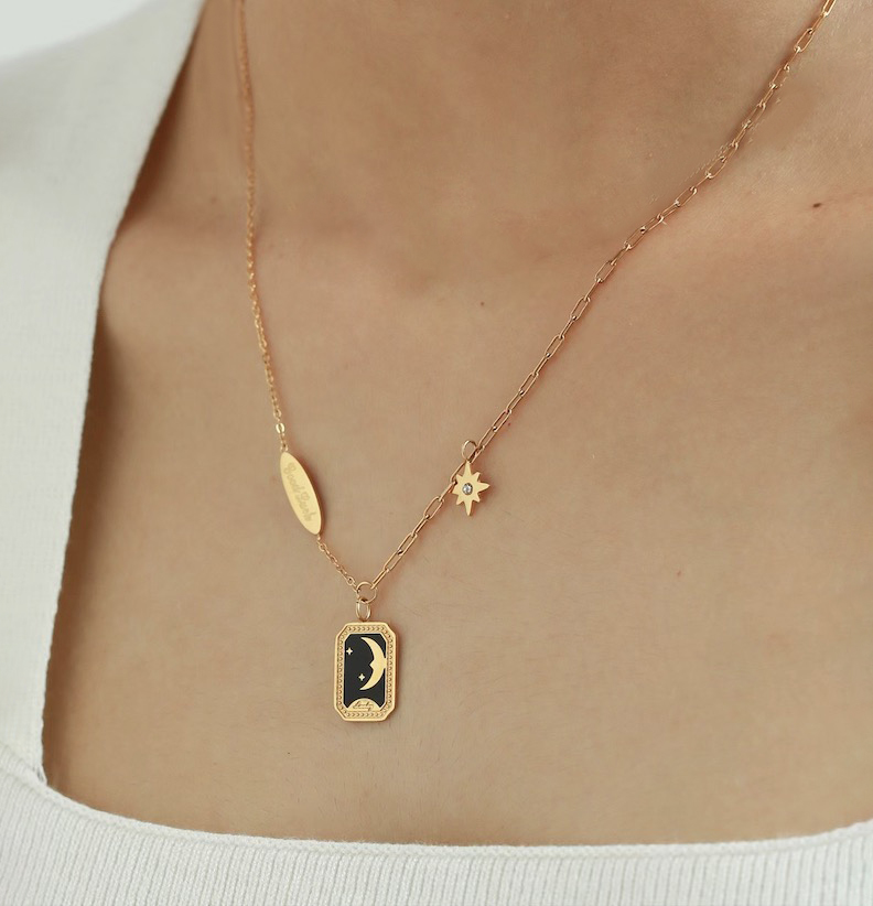 Stars & Moon Square Plate Lucky Pendant Necklace