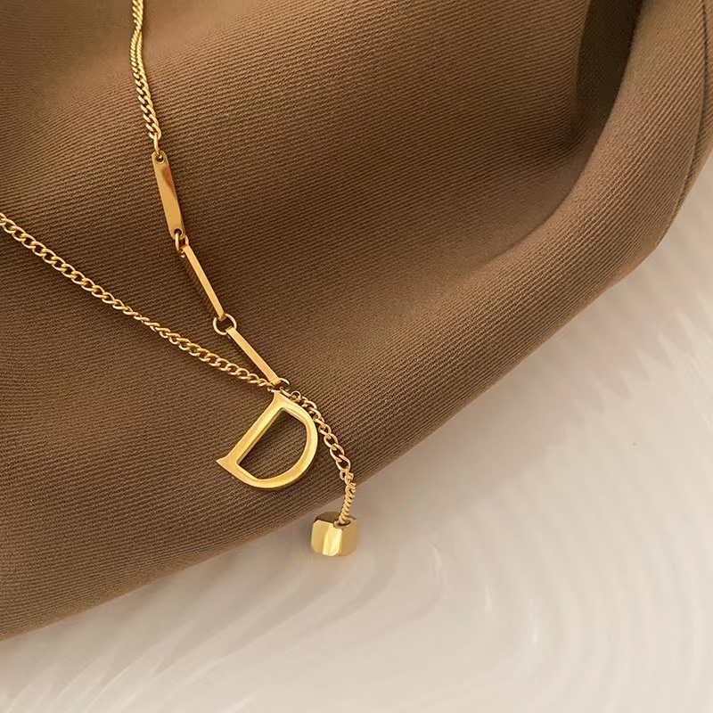 Letter D With Brick Shape Pendant Asymmetric Necklace
