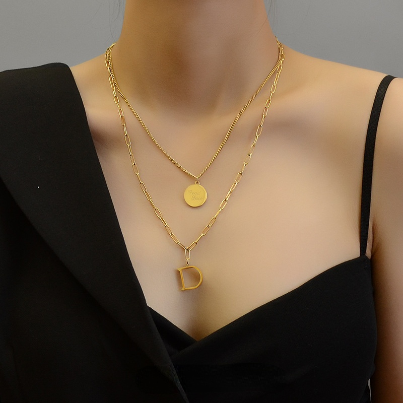 Double Layer Round Plate & Letter D Pendant Necklace Set