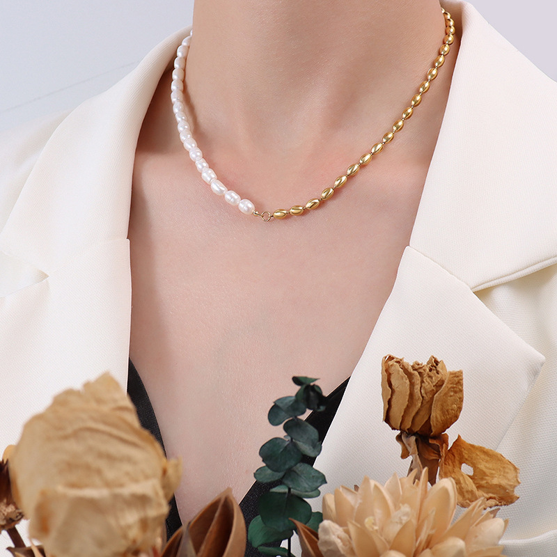 Oval Beaded Chain Splicing Fresh Water Pearl Necklace
