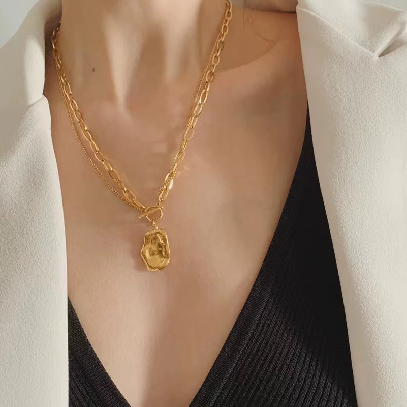 Double Layer Chain OT Buckle Irregular Shape Pendant Necklace