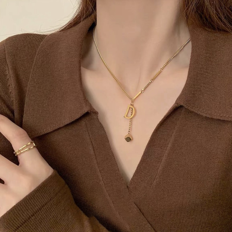 Letter D With Brick Shape Pendant Asymmetric Necklace