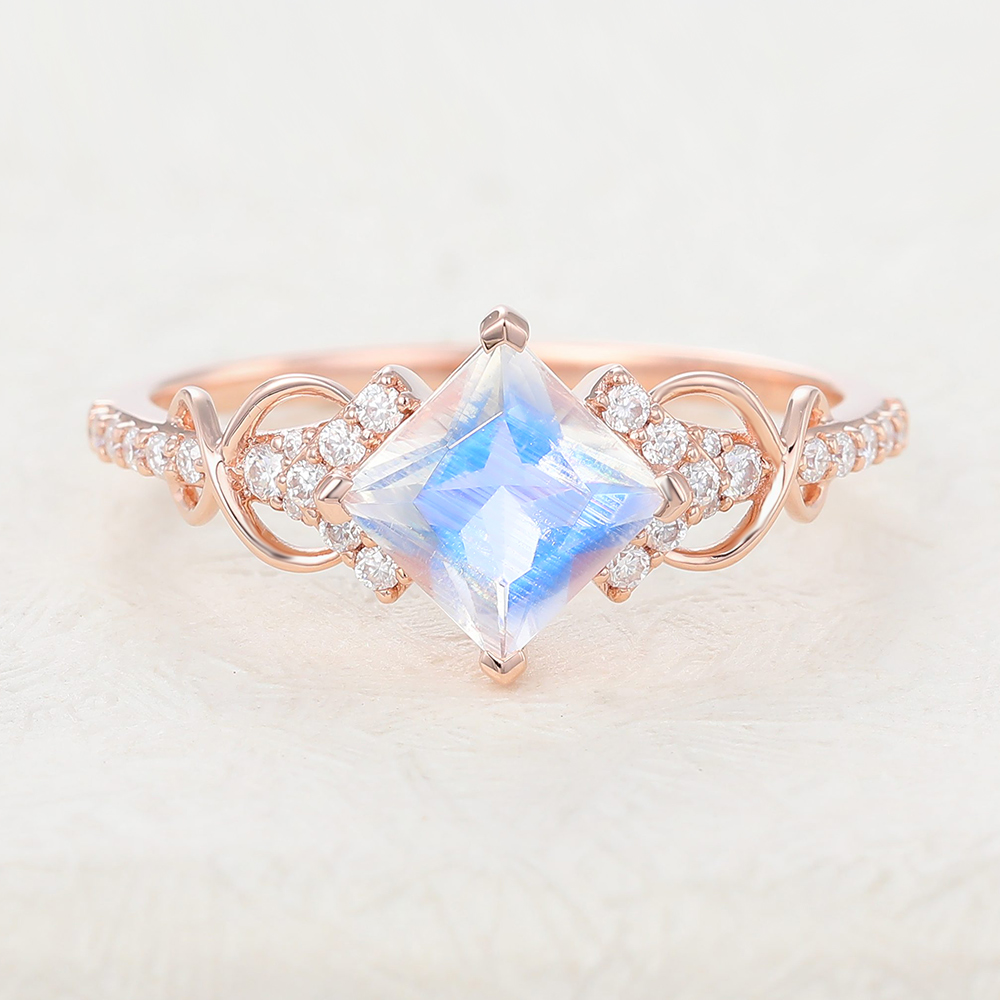 Art Deco Princess Cut Moonstone Pavé Engagement Ring with Diamond Accents in Rose Gold 
