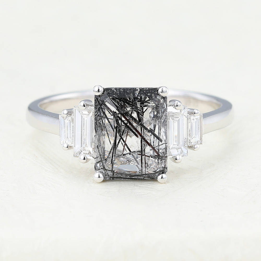 Juyoyo Emerald cut Black Rutilated Quartz white gold engagement ring 