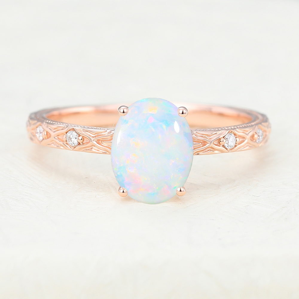 Juyoyo Oval cut Opal Rose Gold Diamond Dainty Engagement Ring